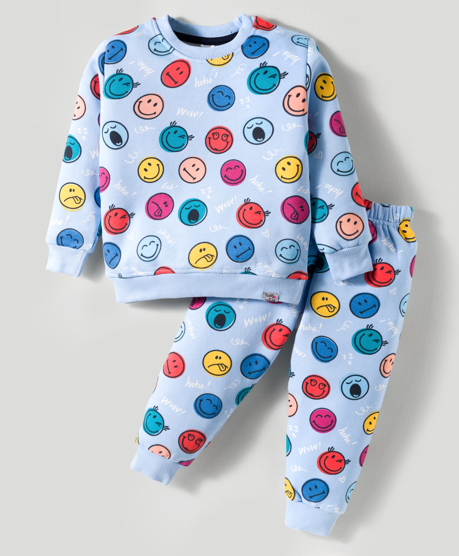 Teddy Fleece Knit Full Sleeves Co-ords Night Suit With Smiley Print - Light Blue