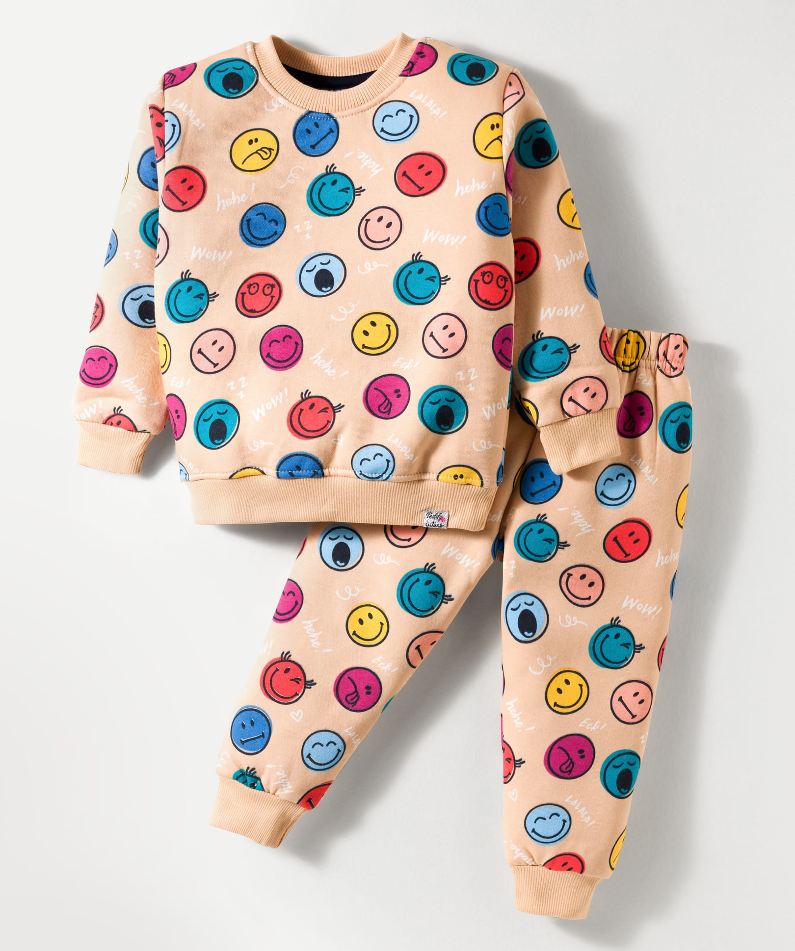 Teddy Fleece Knit Full Sleeves Co-ords Night Suit With Smiley Print - Peach-picture-27