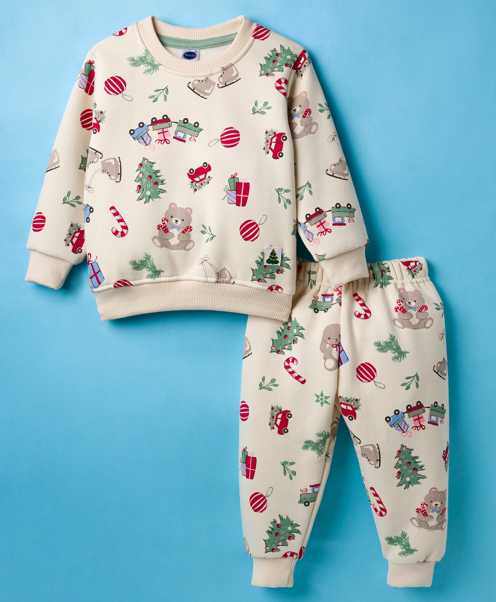Teddy Fleece Knit Full Sleeves Co-Ord Winter Night Suit with Christmas Theme Print - Beige-picture-10