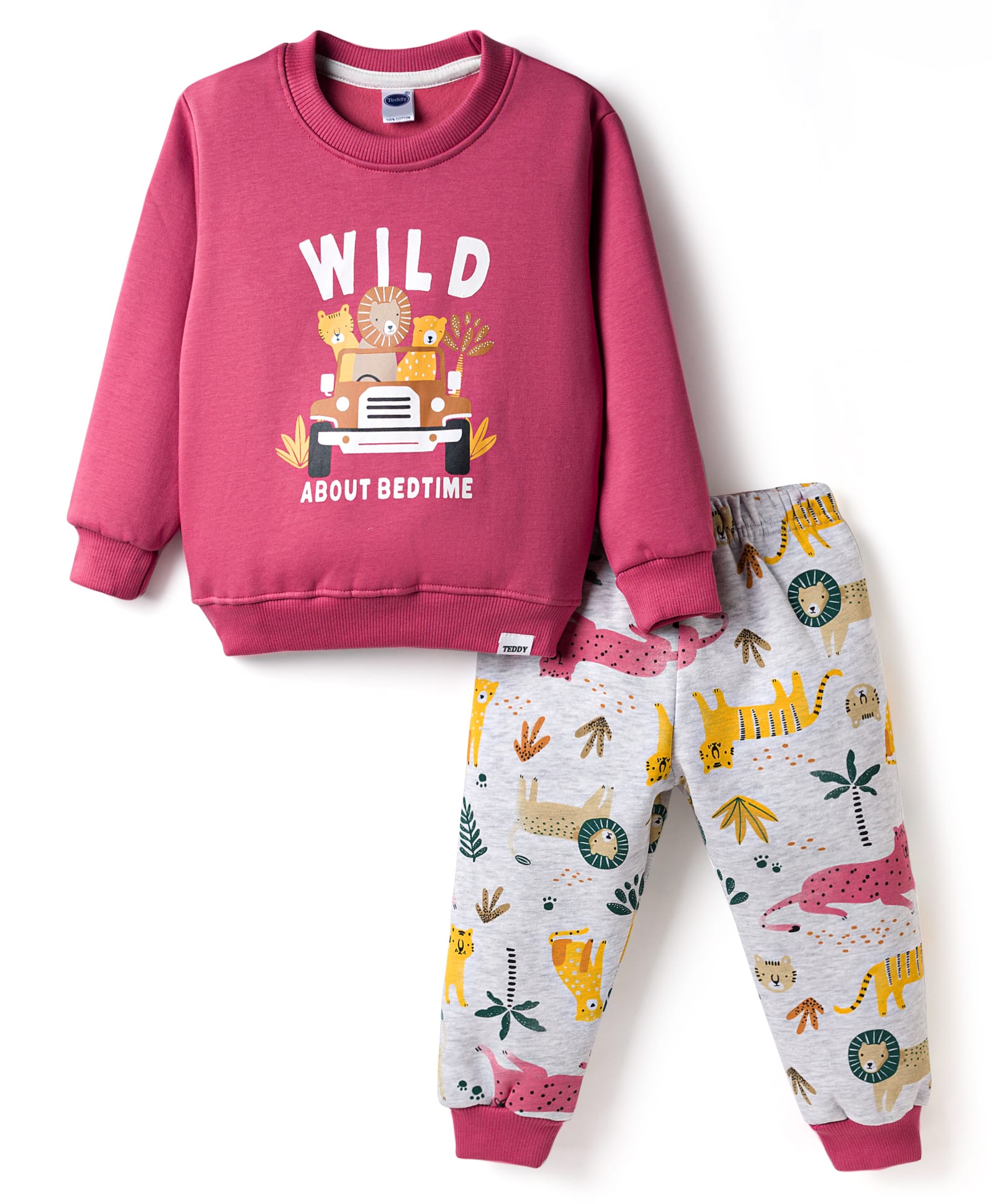 Teddy Fleece Knit Full Sleeves Winter Wear Suit with Jungle Theme Print - Pink-image-45