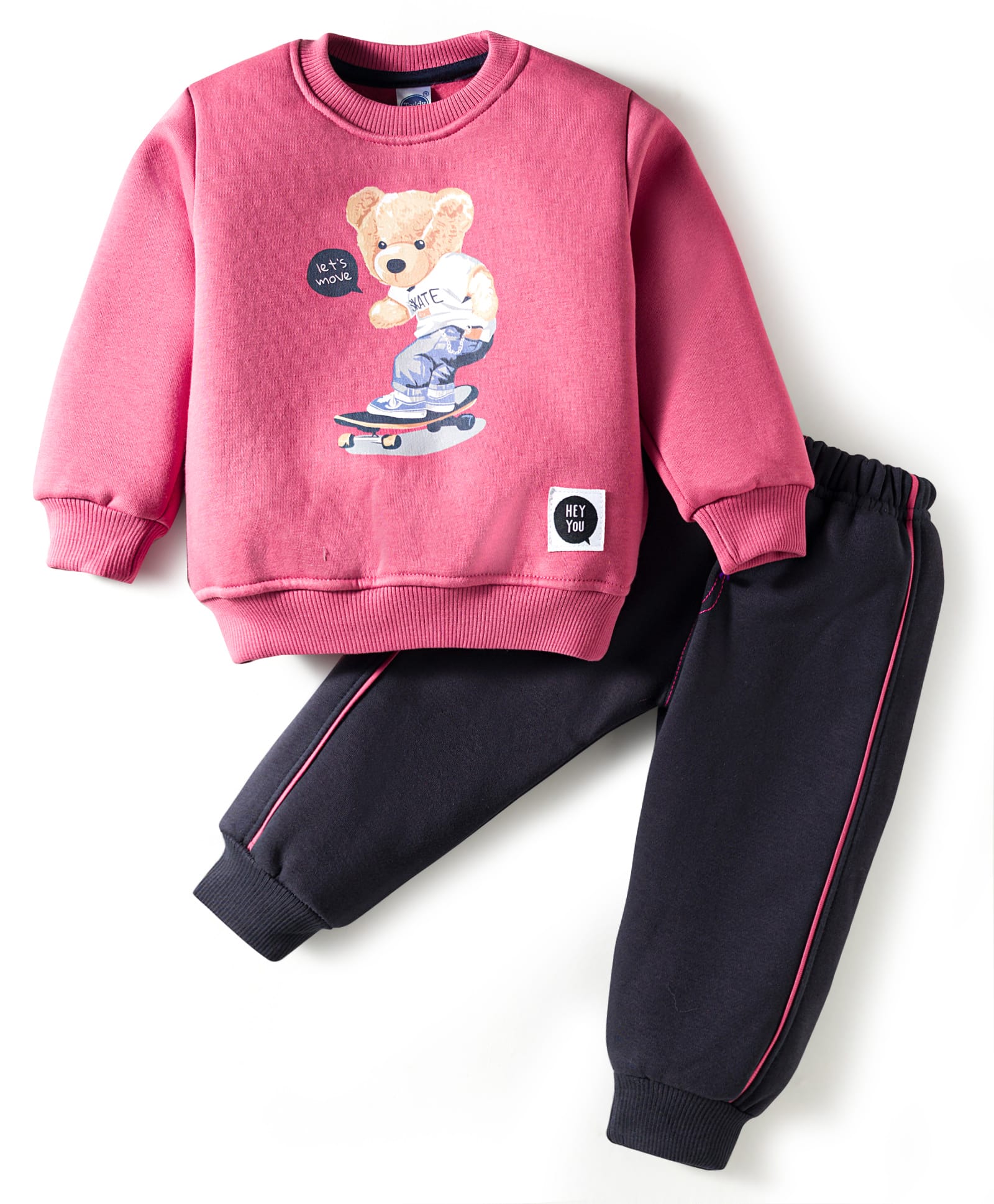 Teddy Fleece Knit Full Sleeves Winter Wear Suit with Bear Print - Pink-image-42