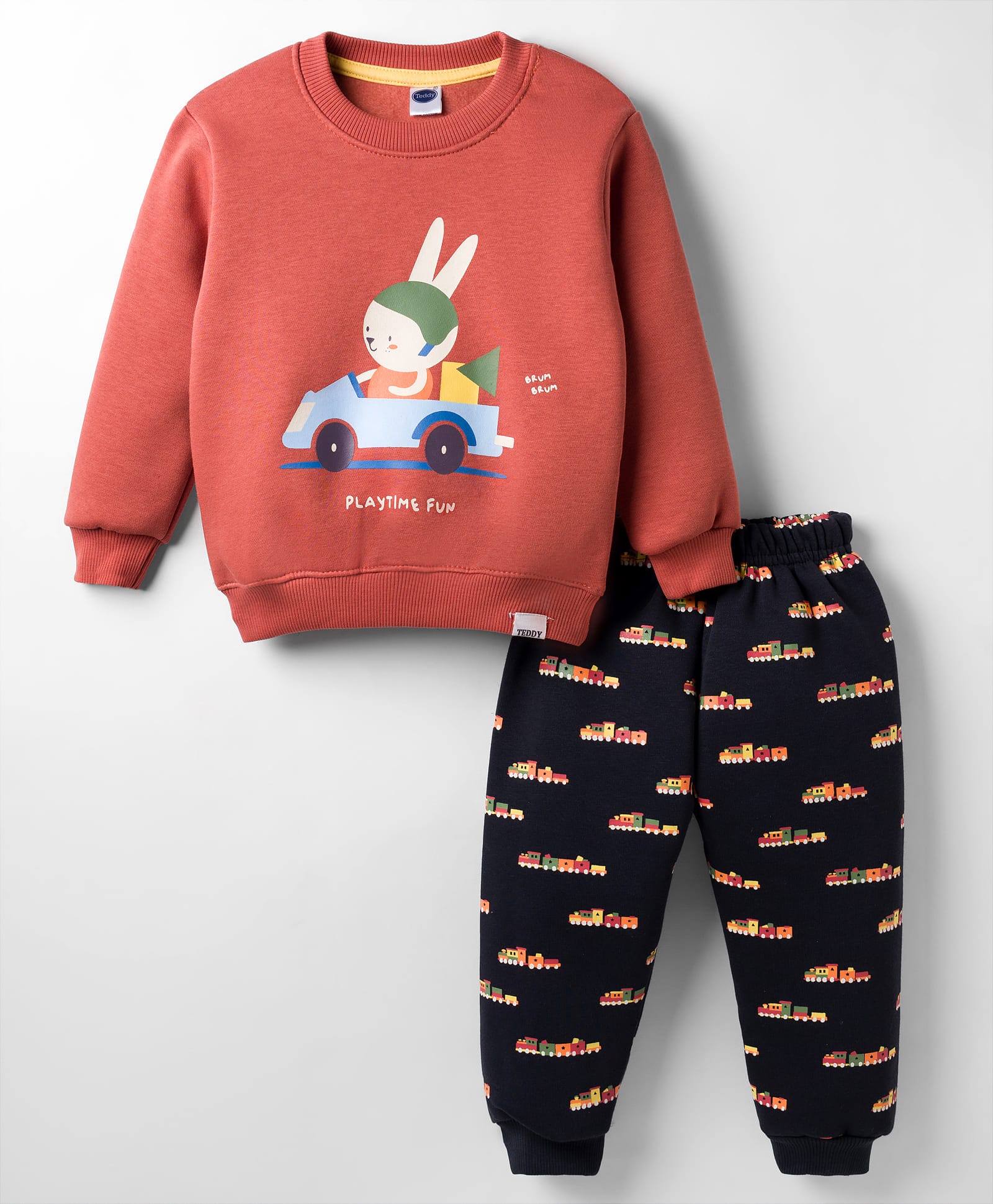 Teddy Fleece Knit Full Sleeves Winter Night Suit With Animal Print - Rust Orange-image-40