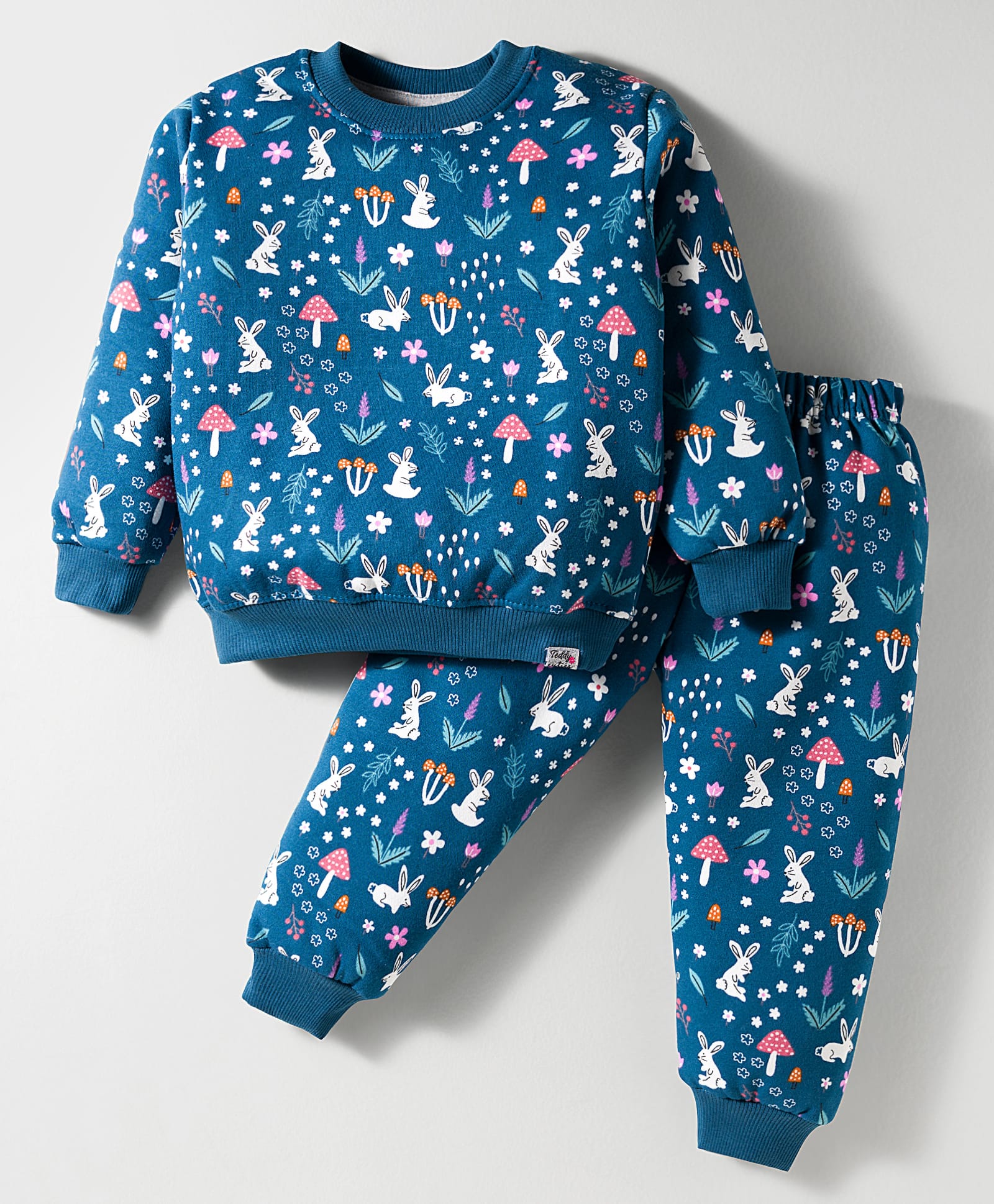Teddy Fleece Knit Full Sleeves Co-ords Night Suit With Animal Print - Blue-picture-8