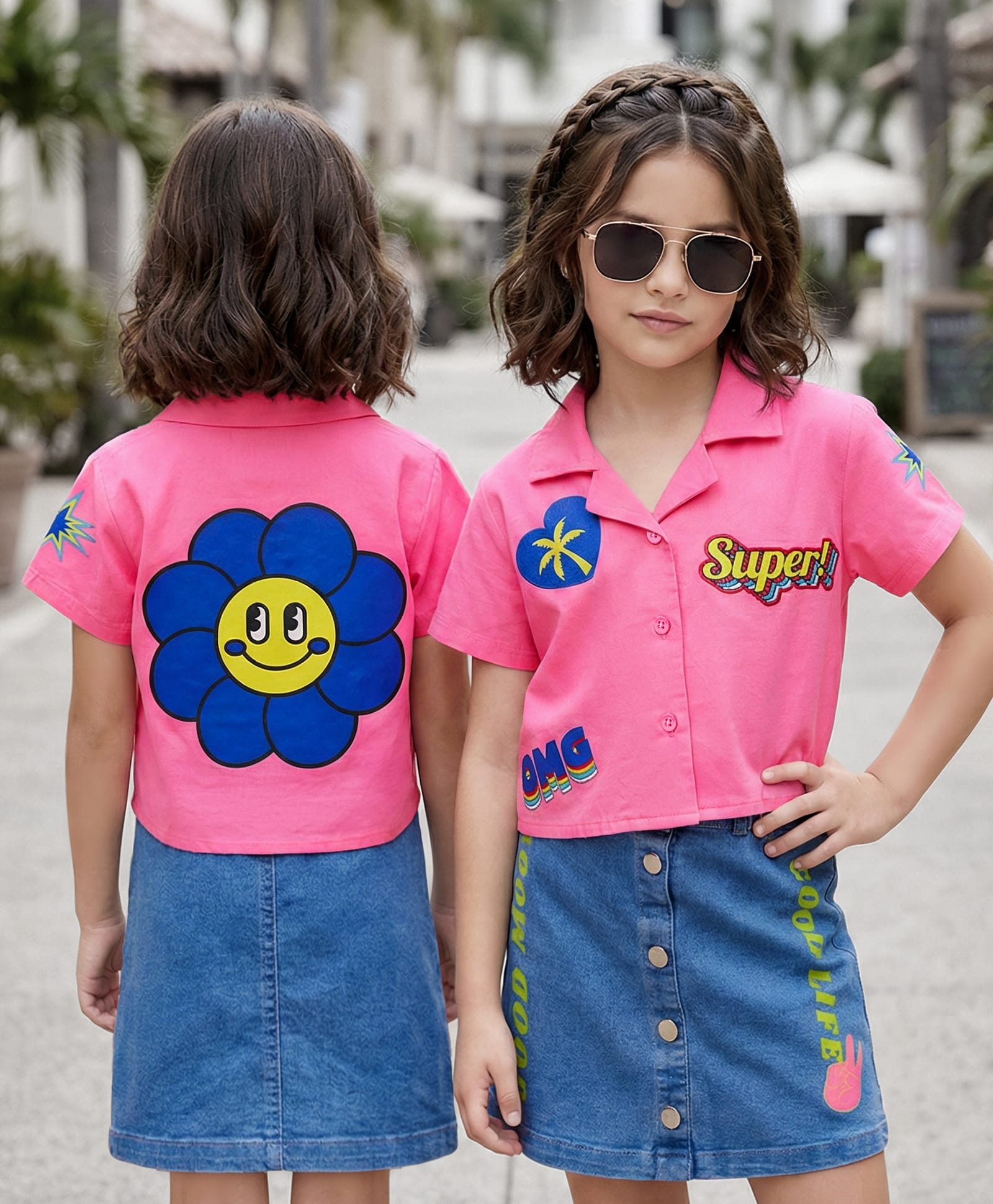 OLLINGTON ST. Cotton Half Sleeves Printed Shirt Top & Denim Skirt Set - Pink & Blue-image-27