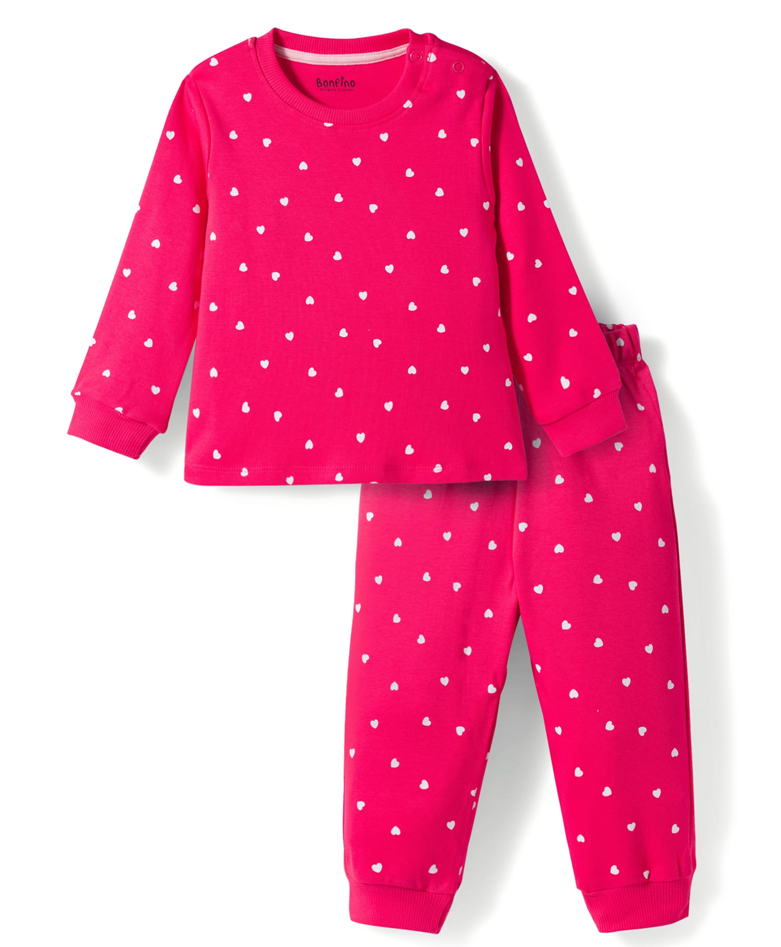 Bonfino 100% Cotton Knit Half Sleeves Co-ords T-Shirt & Pajama Night Suit with Heart Print - Dark Pink-picture-13