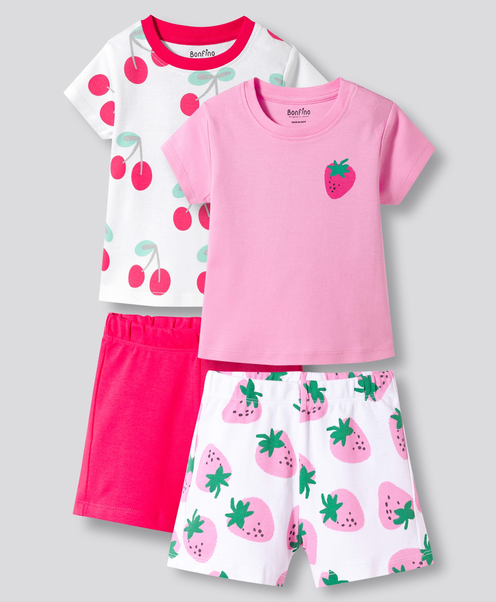 Bonfino 100% Cotton Knit Half Sleeves Fruit Printed T-Shirt & Shorts Night Suit Pack of 2 - Pink & White-image-41
