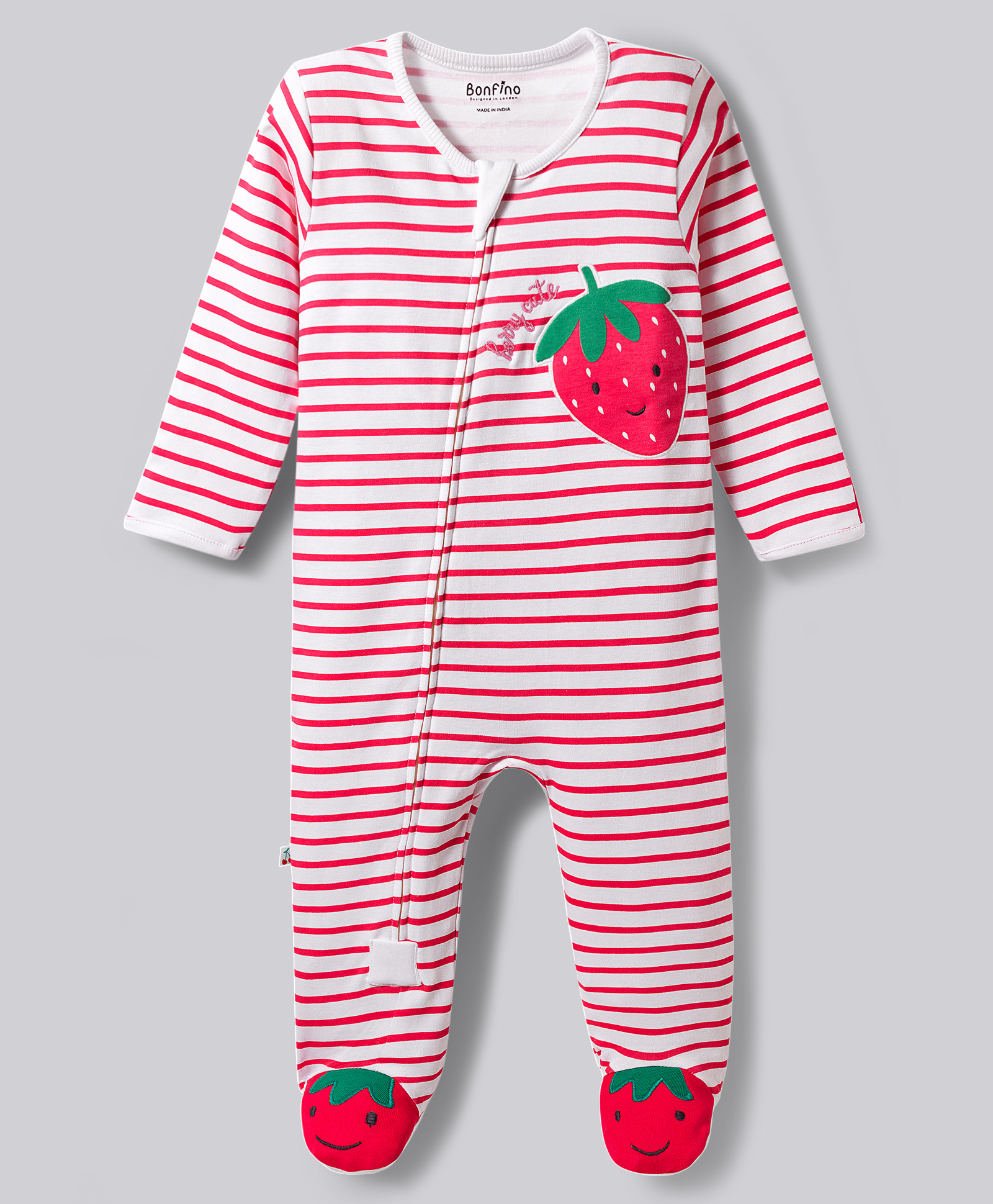 Bonfino 100% Cotton Knit Full Sleeves Striped & Strawberry Embroidered Sleepsuit - Pink