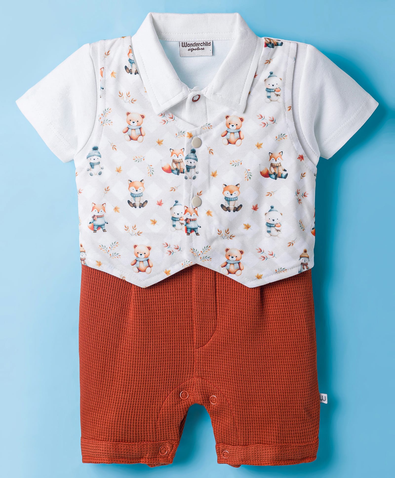 Wonderchild Half Sleeves Animals Printed Romper With Attached Waistcoat - White & Brown-image-49