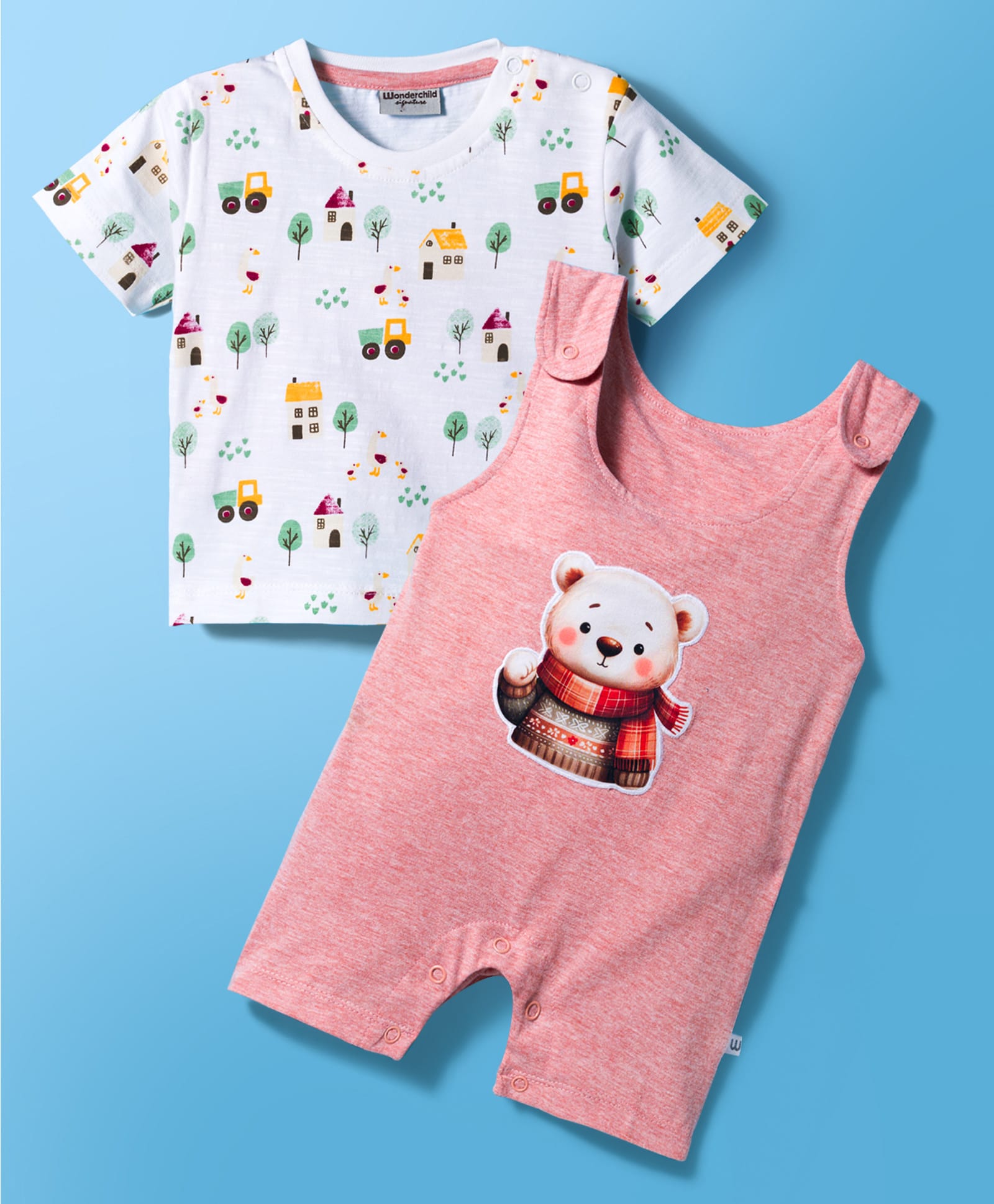 Wonderchild Half Sleeves Tee With Teddy Bear Patch Detailed Dungaree - Peach-image-0
