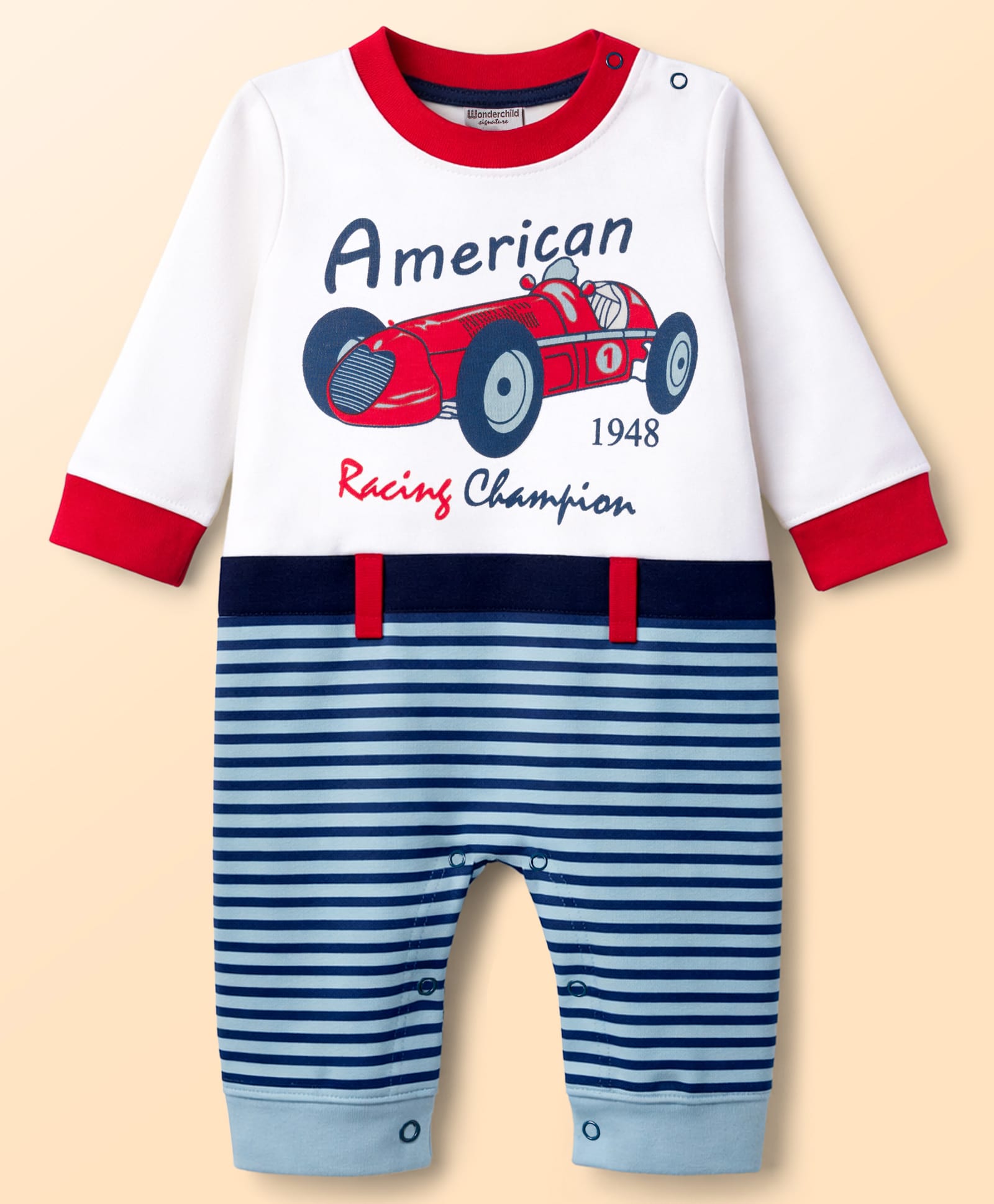 Wonderchild Full Sleeves American Racing Champion Text Printed Romper - White & Blue-image-14