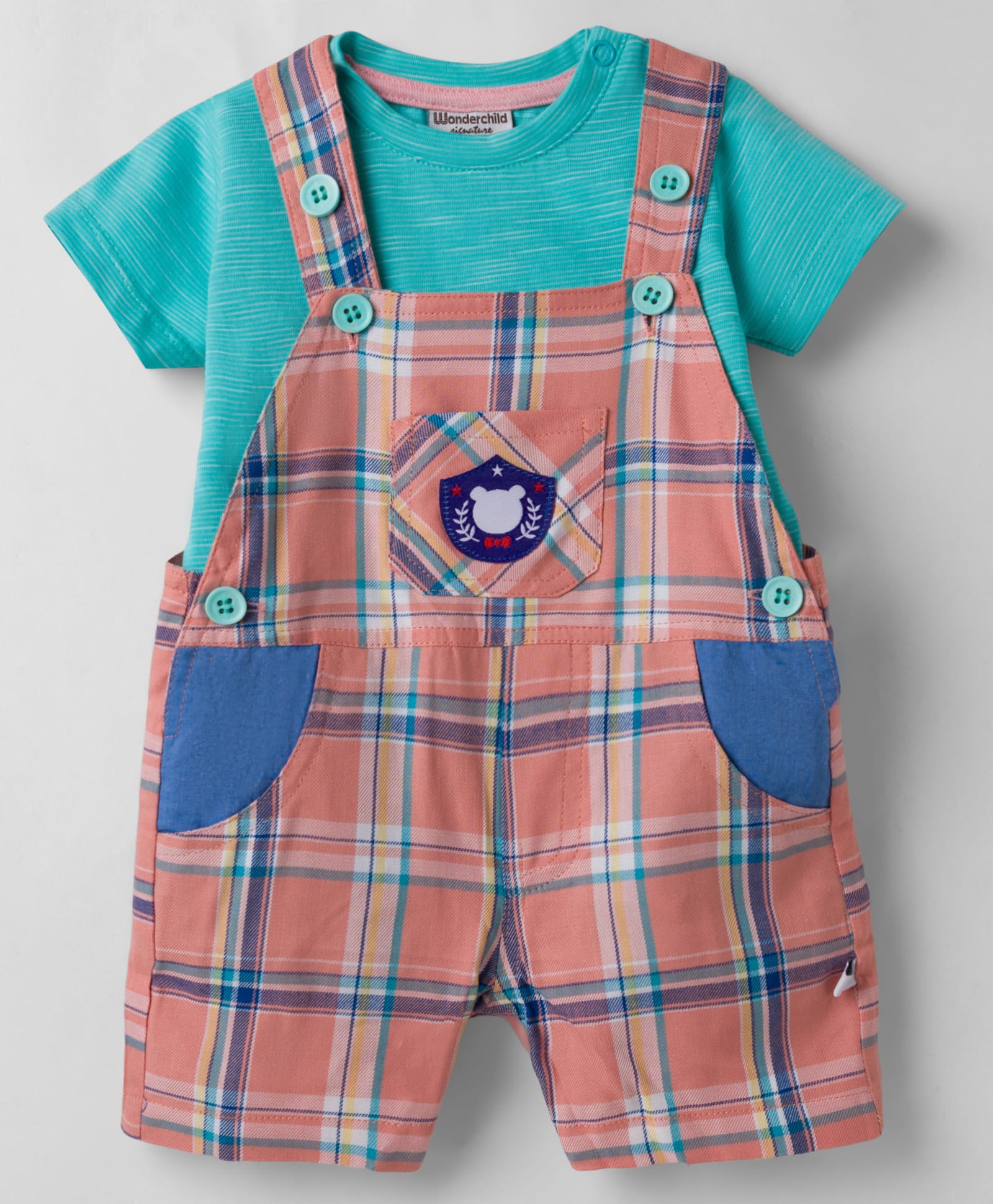 Wonderchild Checked & teddy Bear Patch Detailed Dungaree With Half Sleeves Solid Tee - Green-image-11