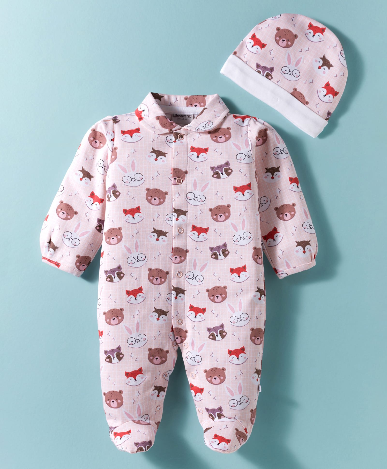 Wonderchild Full Sleeves Animals Printed Sleepsuit With Cap - Peach-image-18