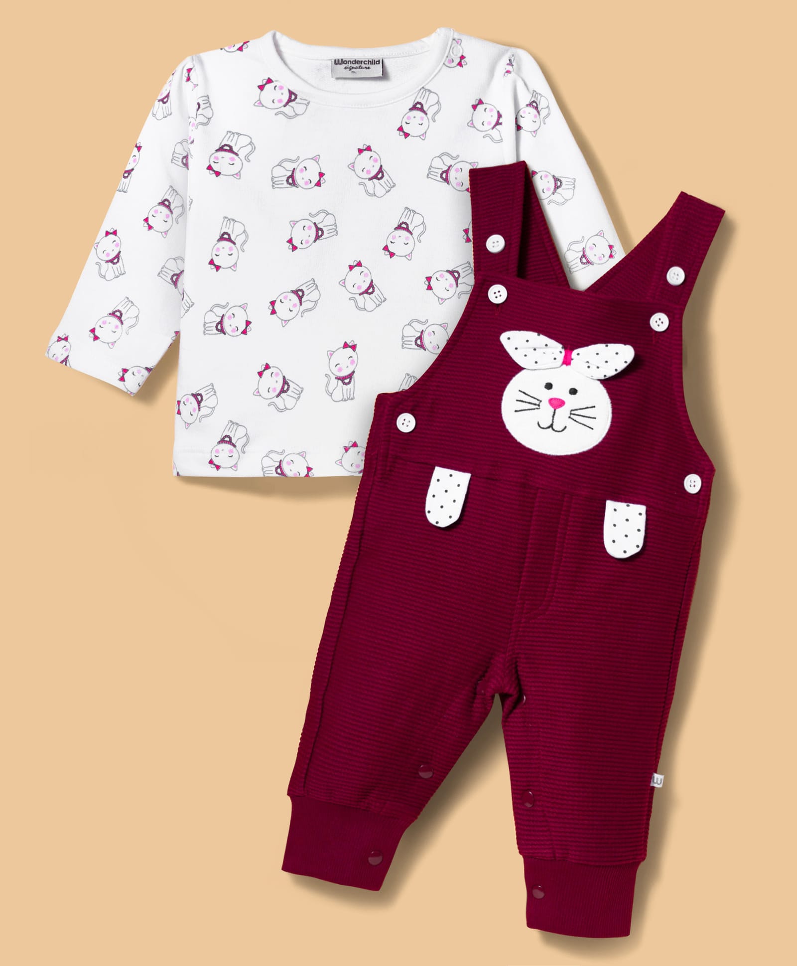 Wonderchild Bunny Applique Detailed Dungaree With Full Sleeves Cats Printed Tee - White & Maroon-image-6