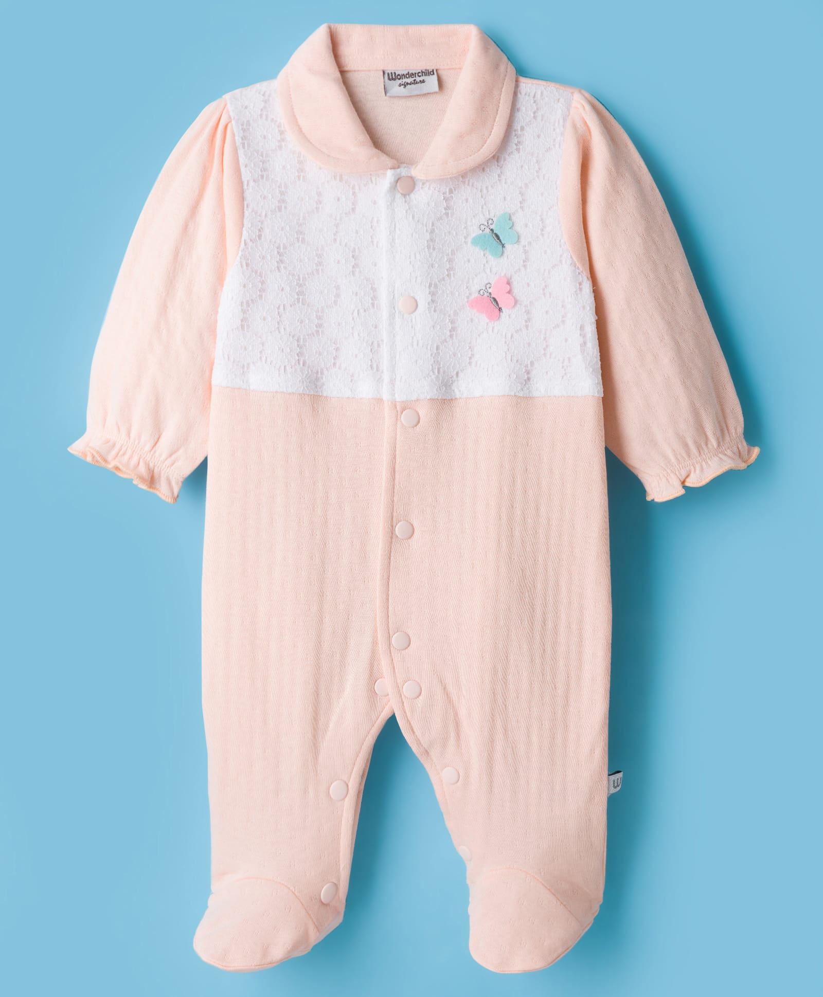 Wonderchild Full Sleeves Butterfly Applique Detailed Floral Embroidered Footed Sleepsuit - Peach-image-18