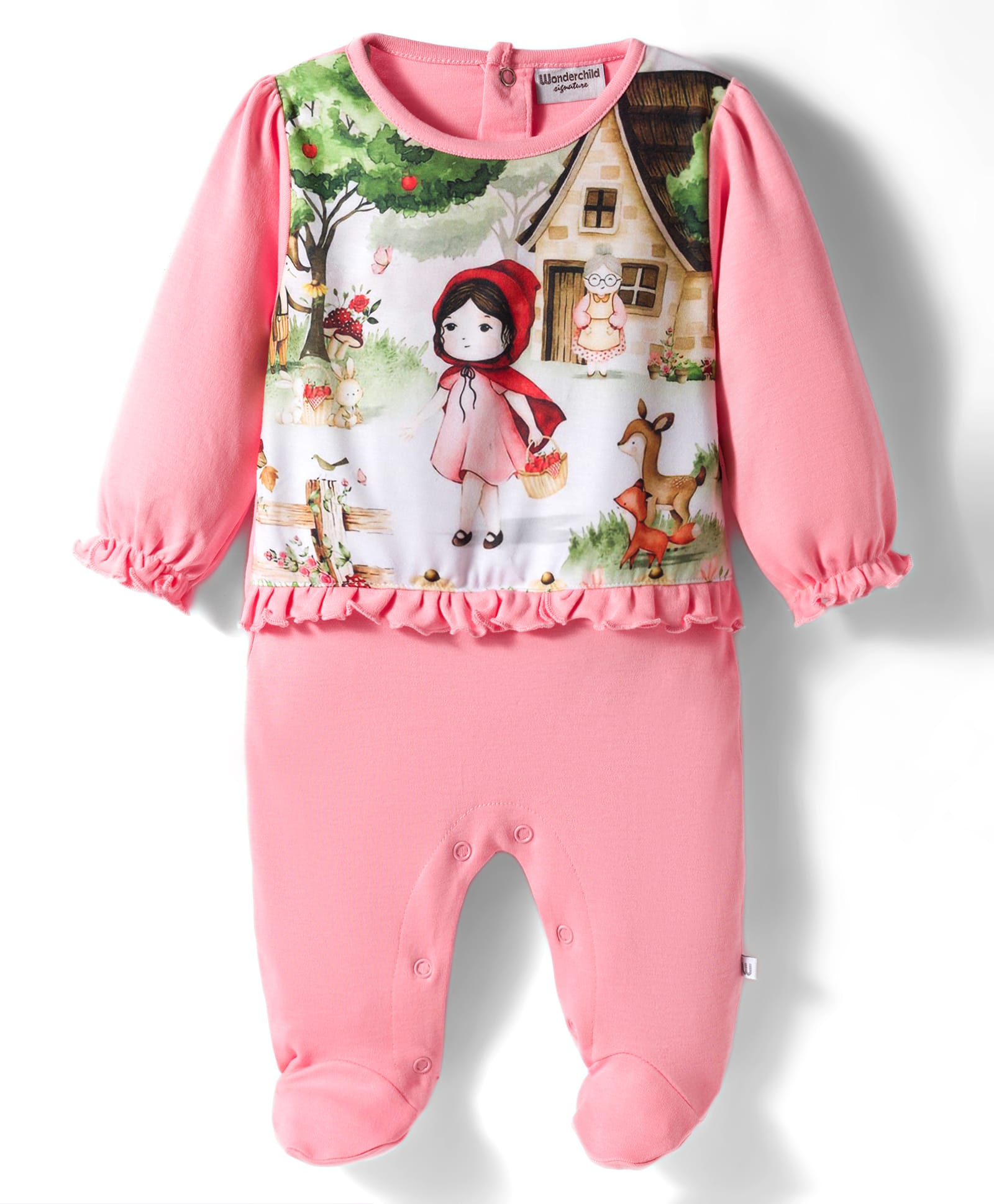Wonderchild Full Sleeves Red Riding Hood Theme Printed Sleepsuit - White & New Pink-image-3