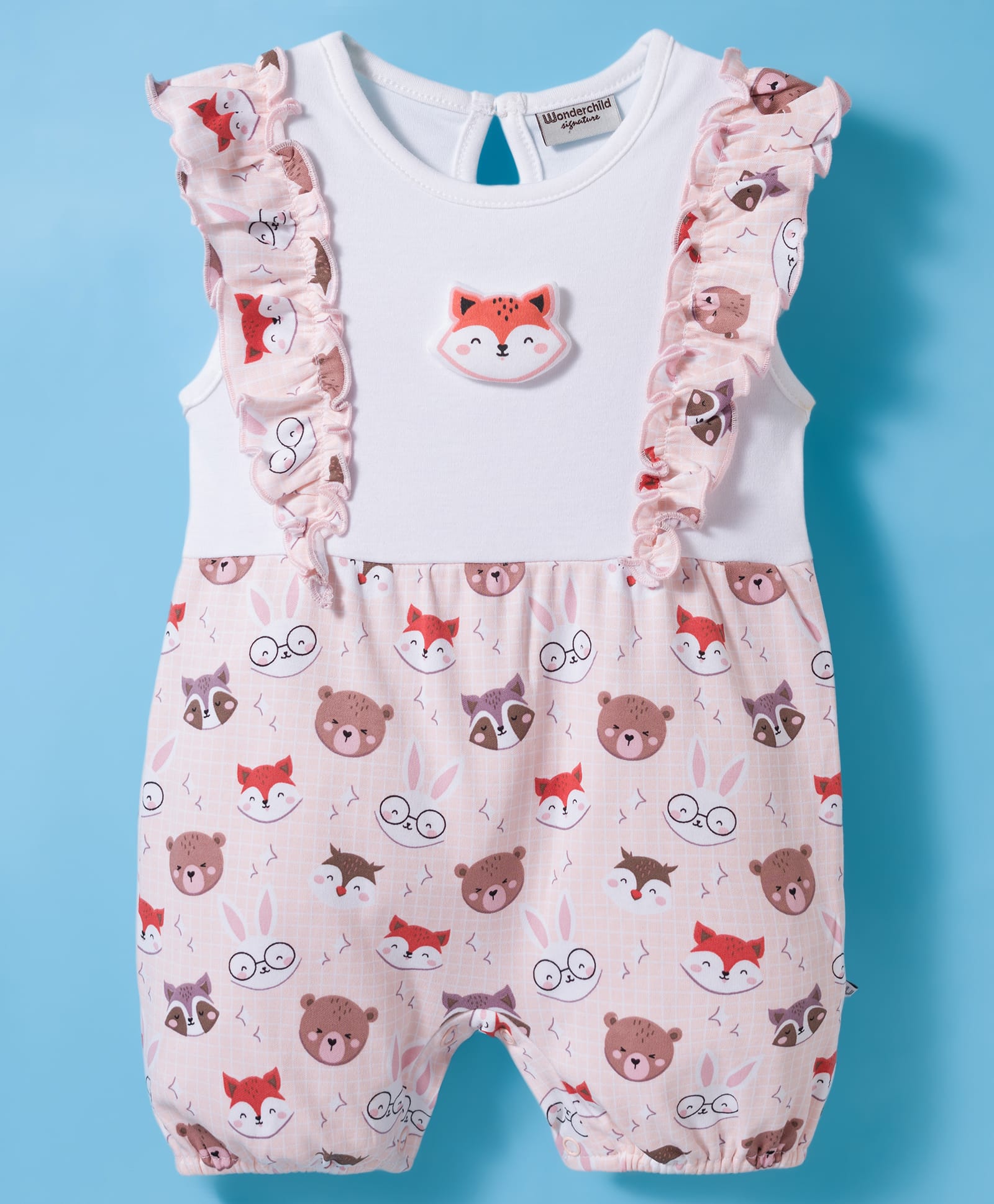 Wonderchild Sleeveless Animals Printed Fox Applique & Frill Detailed Romper - White & Peach-picture-16