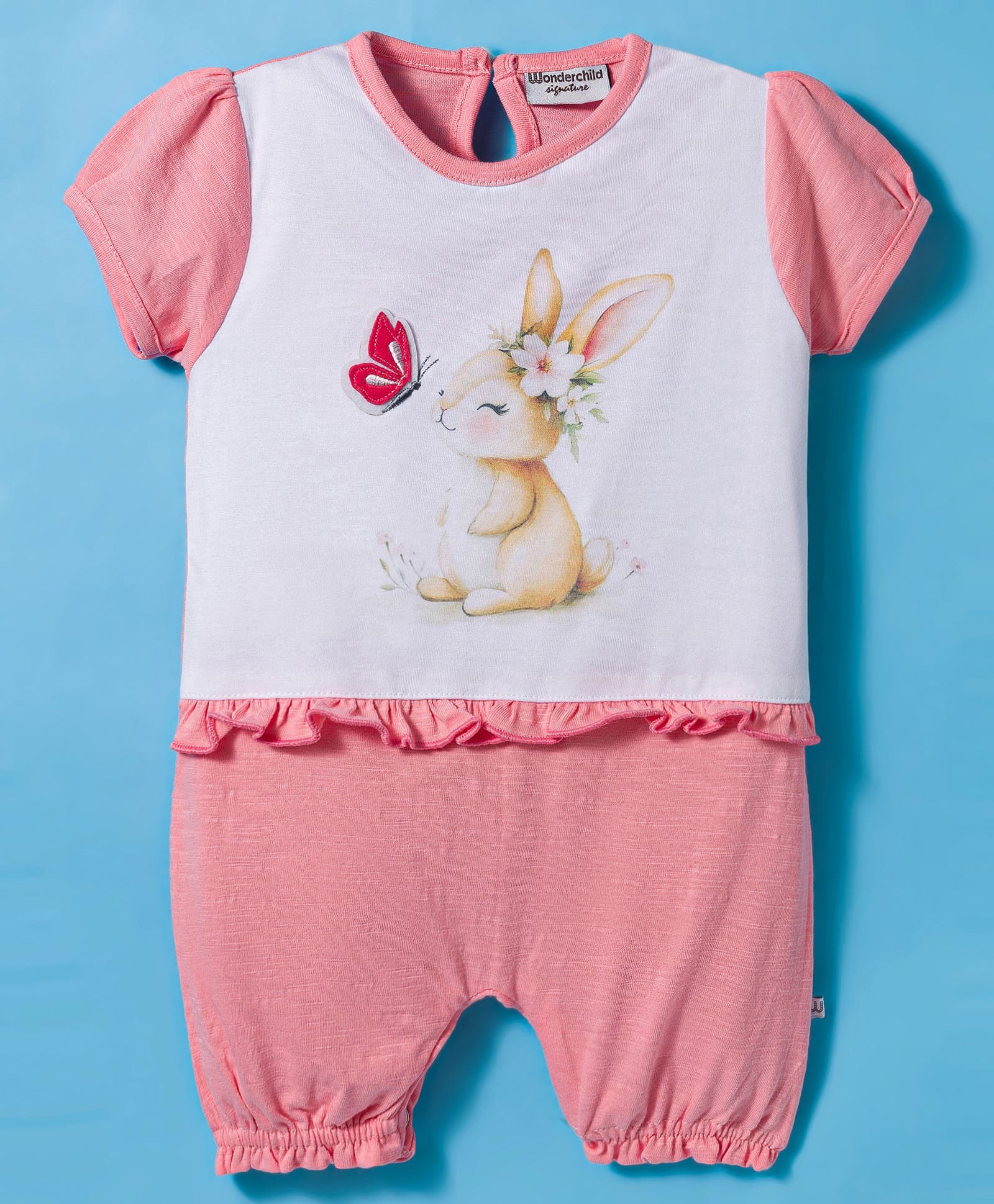 Wonderchild Half Puffed Sleeves Rabbit Printed & Butterfly Applique Detailed Romper - Pink-picture-17
