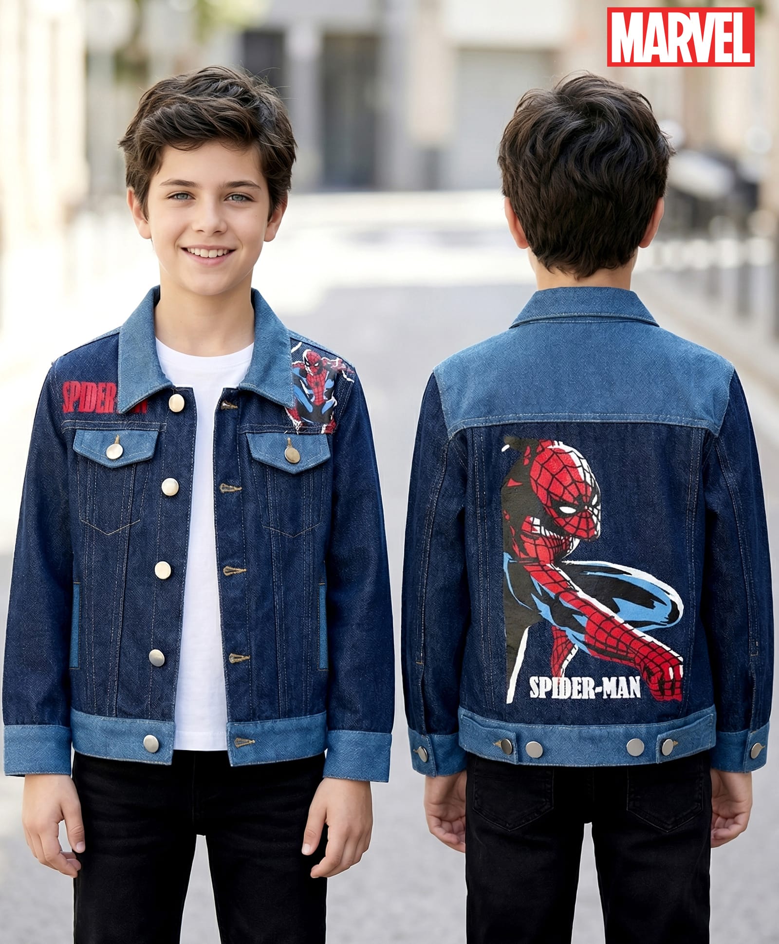 Pine Kids Marvel Full Sleeves Front Button Cut & Sew Denim Jacket with Front & Back Spiderman Graphic - Navy Blue-picture-23