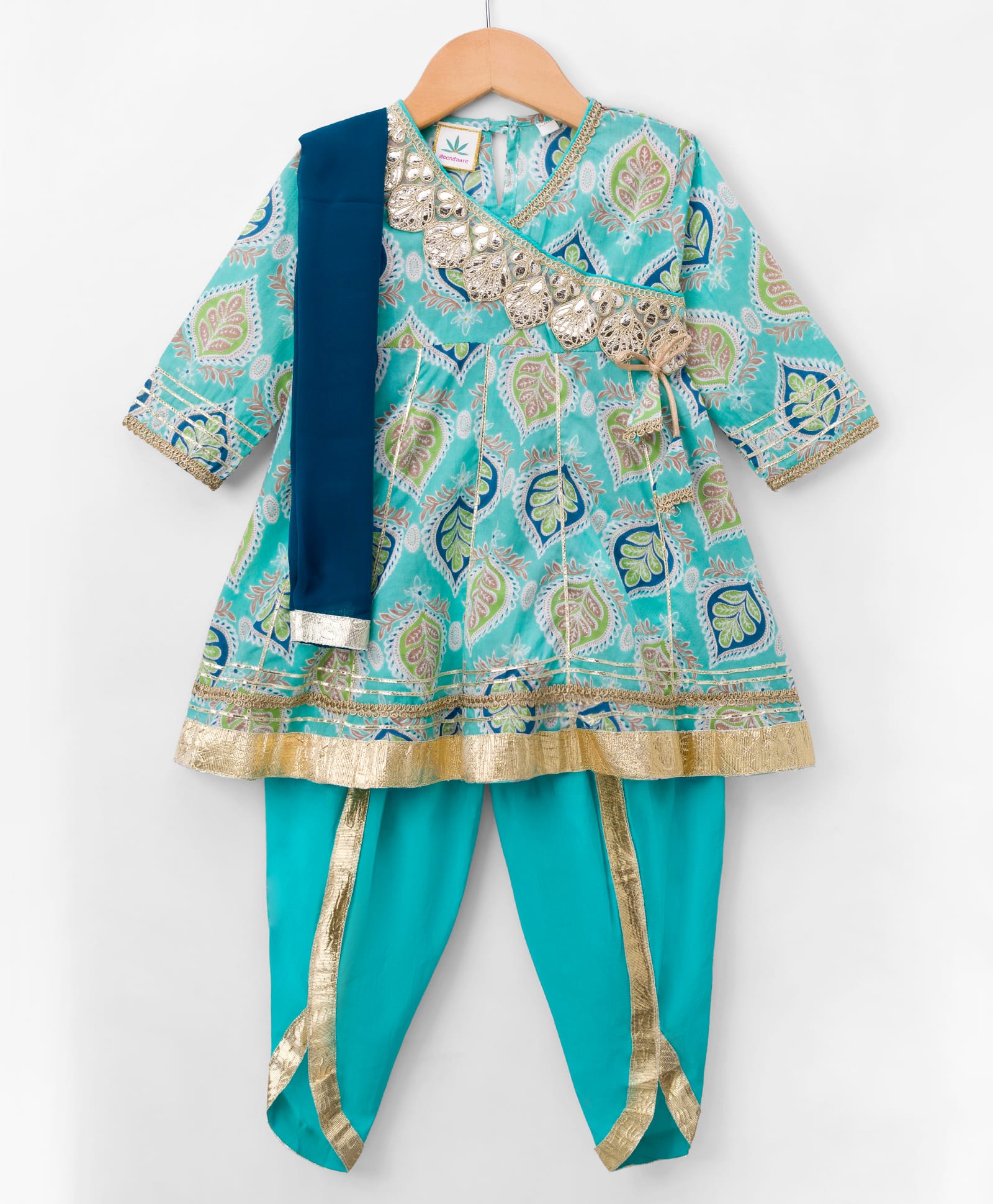 TEENTAARE Cotton Woven Three Fourth Sleeves Floral Printed Kurti Salwar Set with Dupatta - Aqua Blue-image-38
