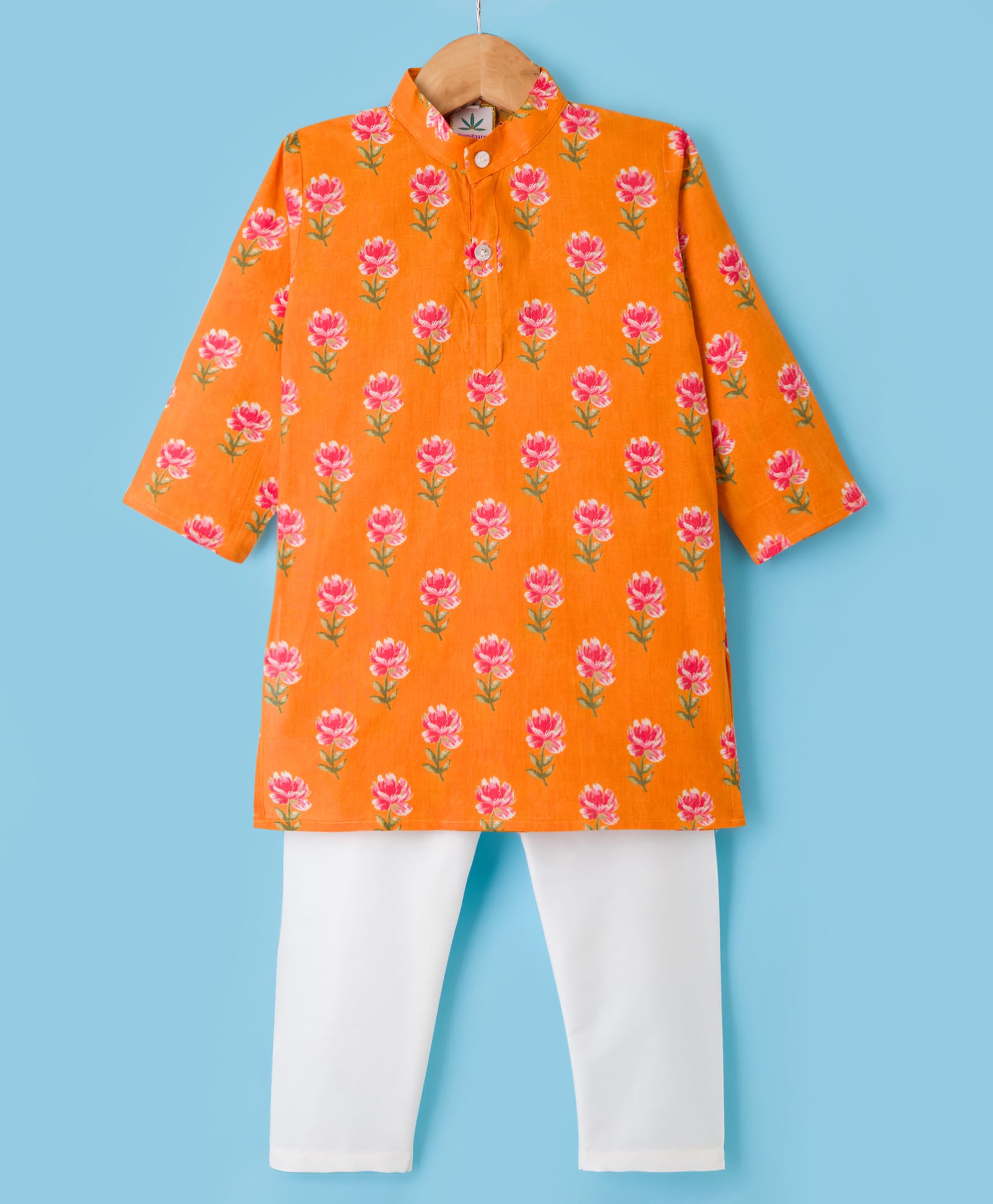 Teentaare Cotton Woven Full Sleeves Floral Printed Kurta Pyjama Set - Orange-picture-13