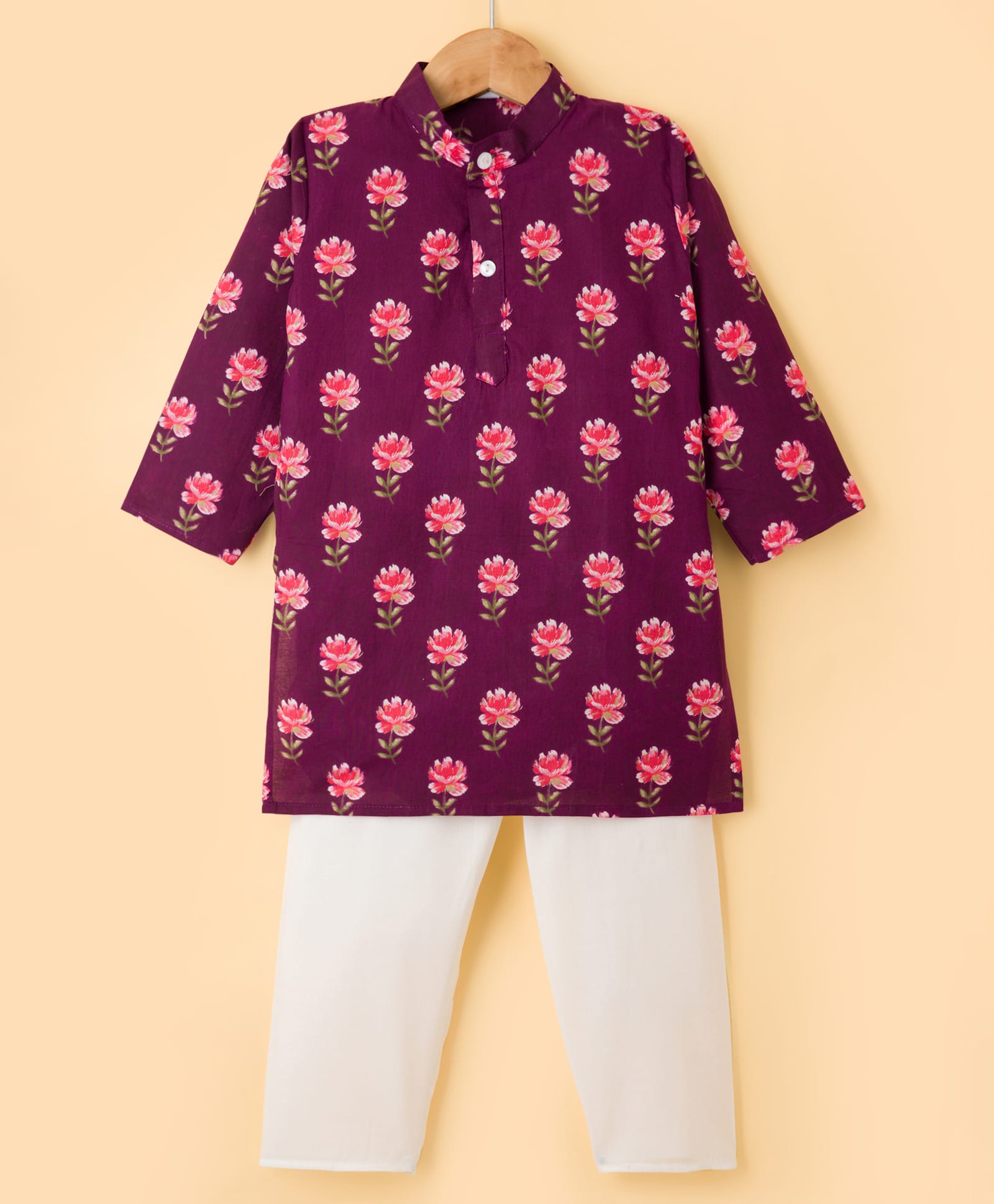 Teentaare Cotton Woven Full Sleeves Floral Printed Kurta Pyjama Set - Maroon-picture-17