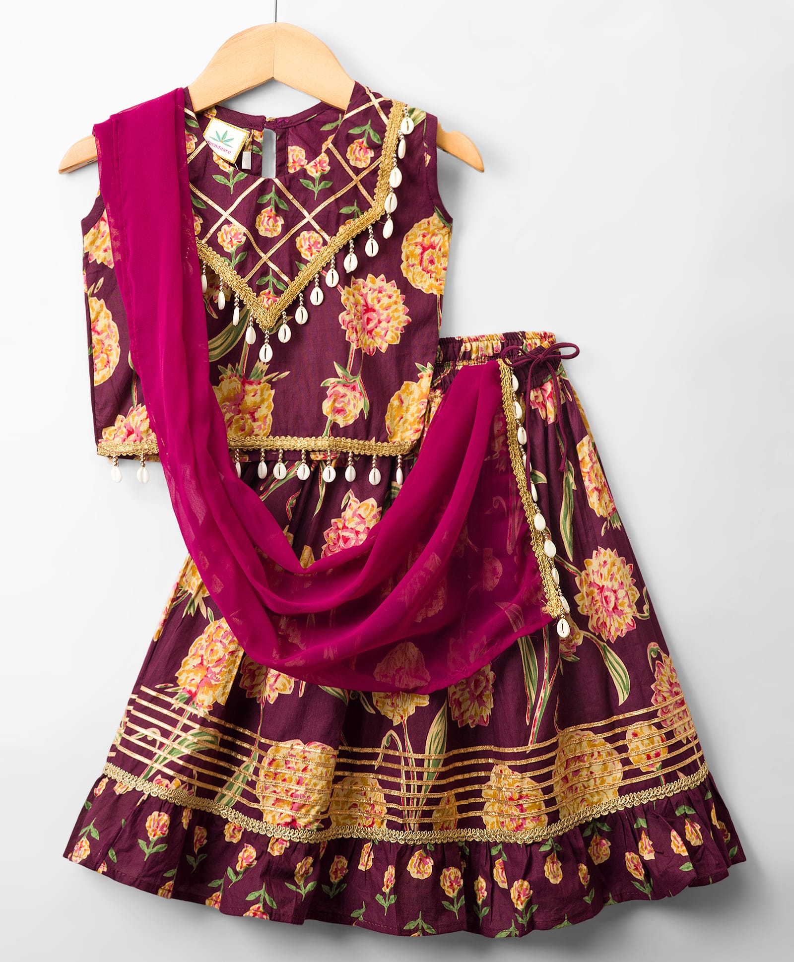 Teentaare Cotton Woven Sleeveless Floral Printed Choli Lehenga with Dupatta - Purple-picture-17