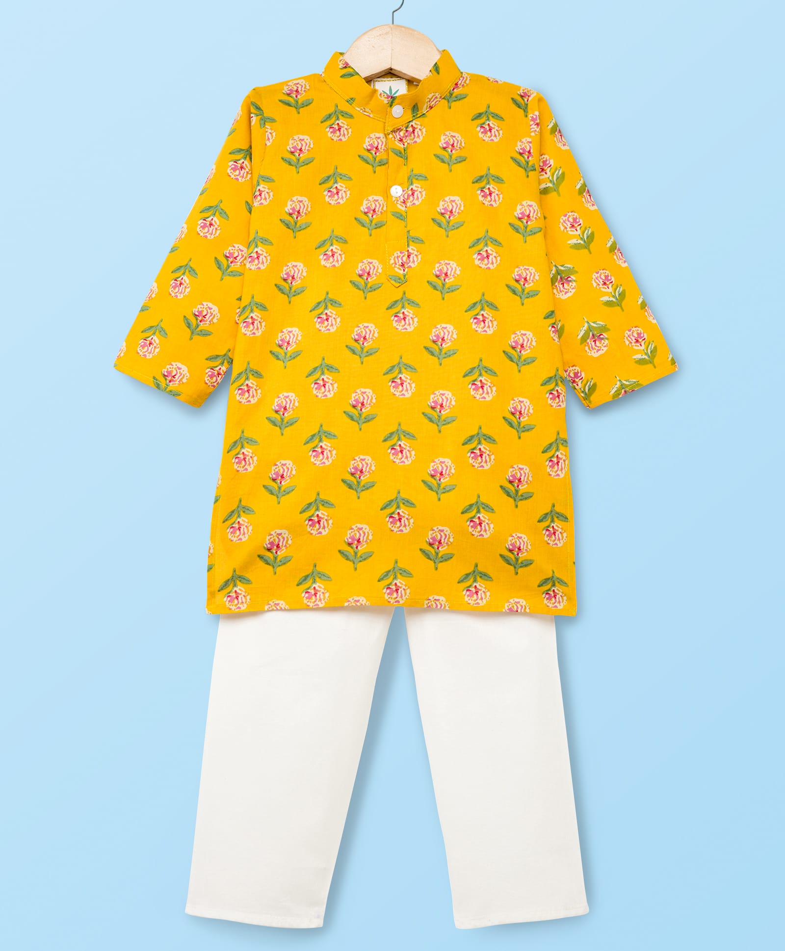 Teentaare Cotton Woven Full Sleeves Floral Printed Kurta Pajama Set - Mustard-picture-27