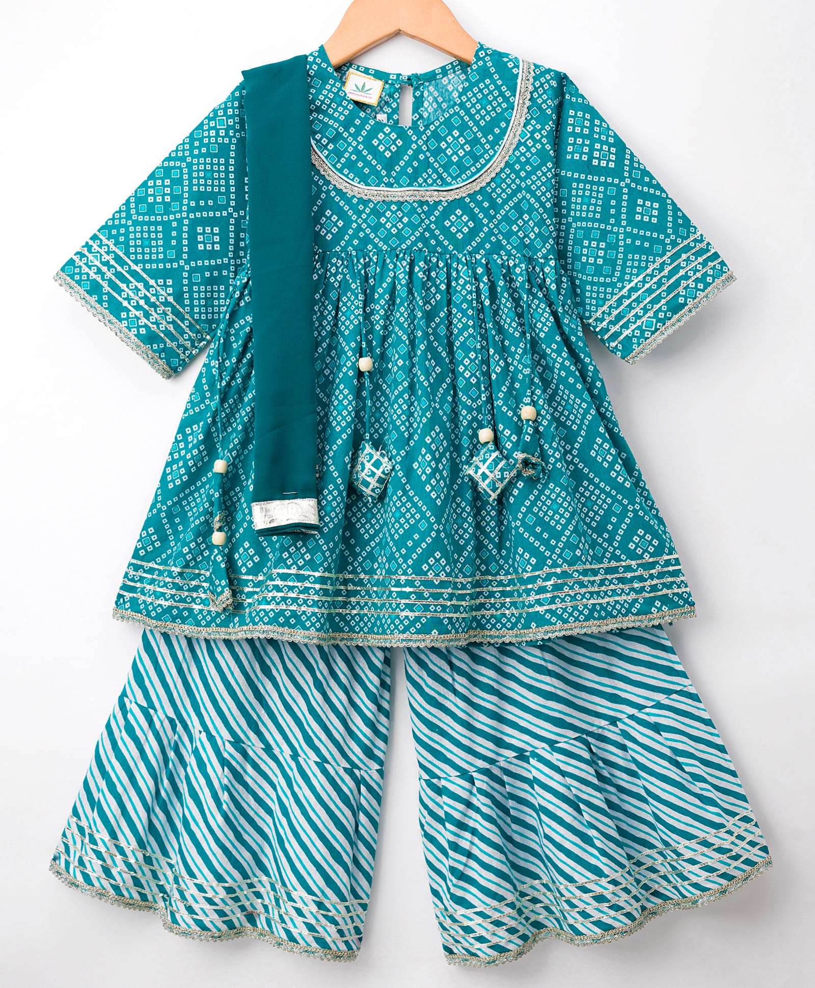 TEENTAARE Cotton Woven Three Fourth Sleeves Printed Kurti Gharara Set with Dupatta - Teal Blue-image-41