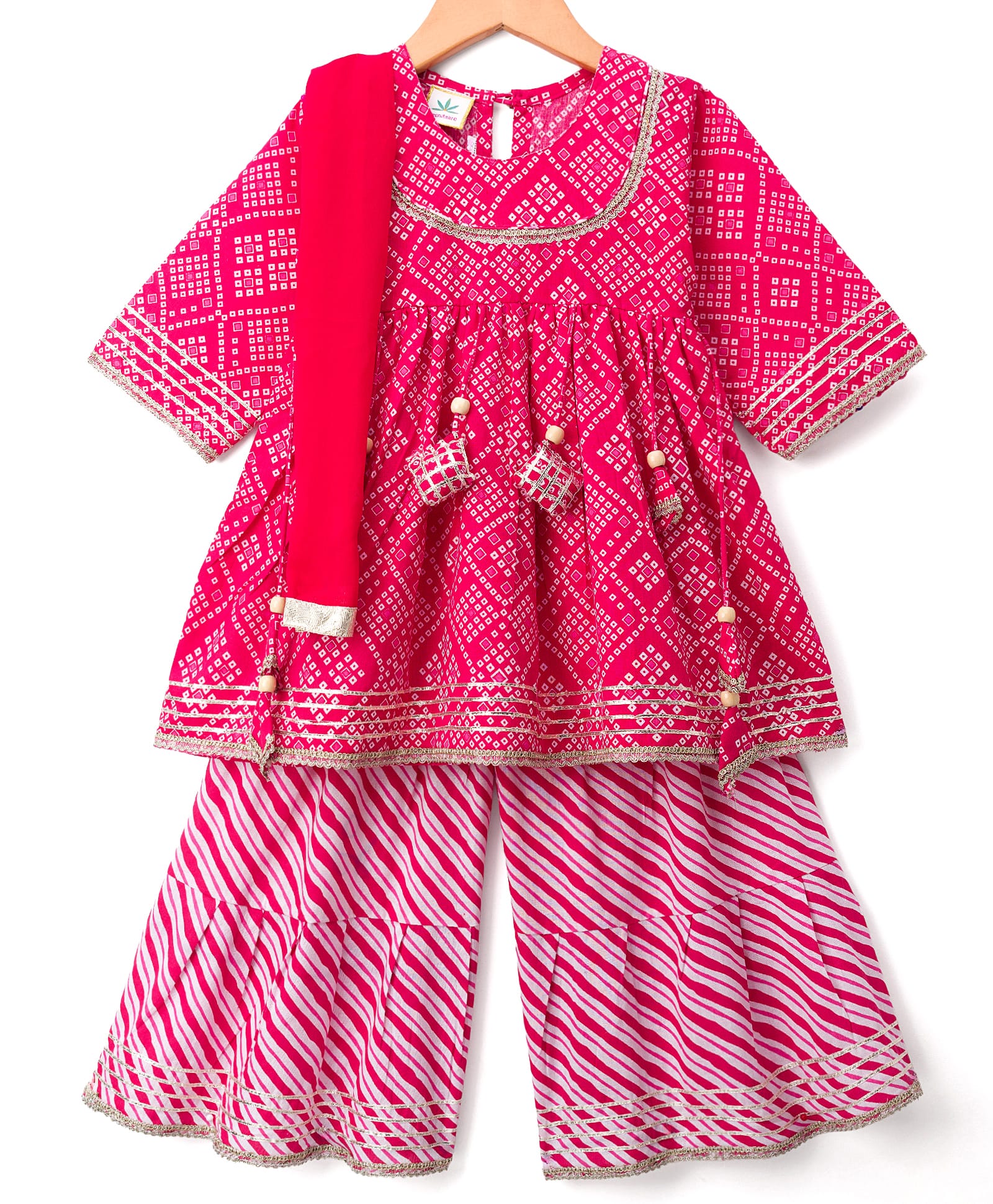 TEENTAARE Cotton Woven Three Fourth Sleeves Printed Kurti Gharara Set with Dupatta - Pink-image-47