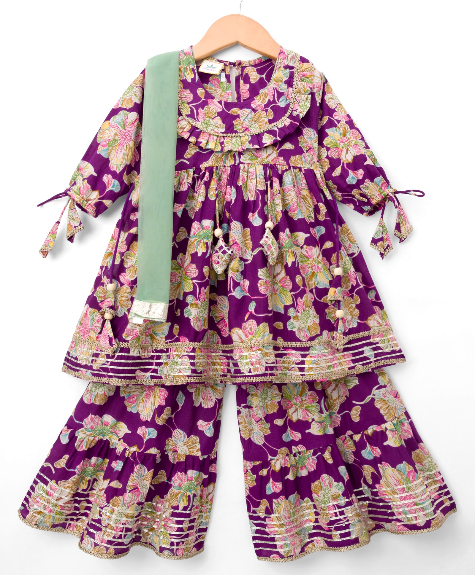 TEENTAARE Cotton Woven Three Fourth Sleeves Floral Printed Kurti Gharara Set with Dupatta - Purple-image-35