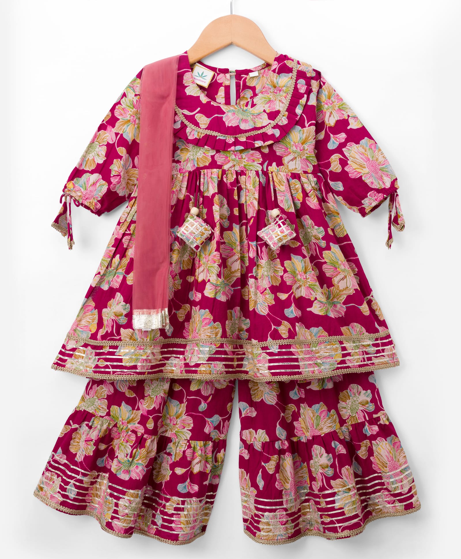 TEENTAARE Cotton Woven Three Fourth Sleeves Floral Printed Kurti Gharara Set with Dupatta - Maroon-image-45