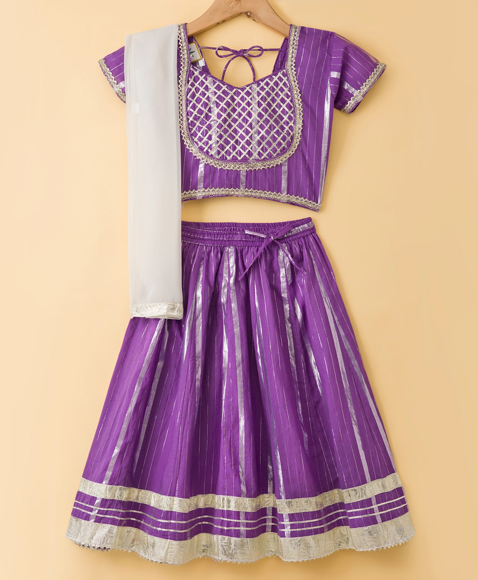 Teentaare Cotton Woven Half Sleeves Zari Detailed Choli Lahenga Set with Dupatta - Purple-image-26