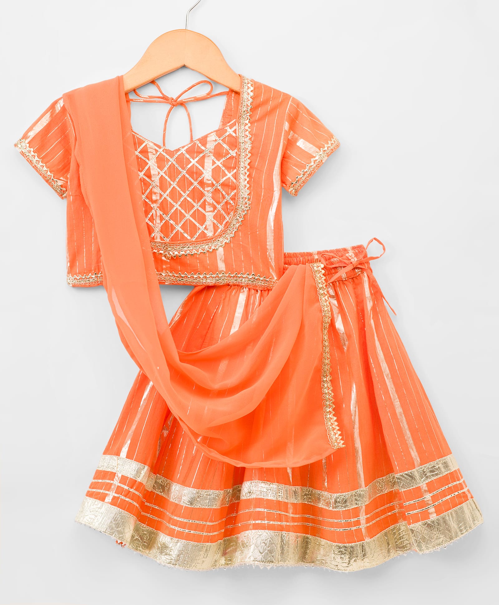 Teentaare Cotton Woven Half Sleeves Choli Lehenga Set with Dupatta & Lace Detailing - Orange-image-12