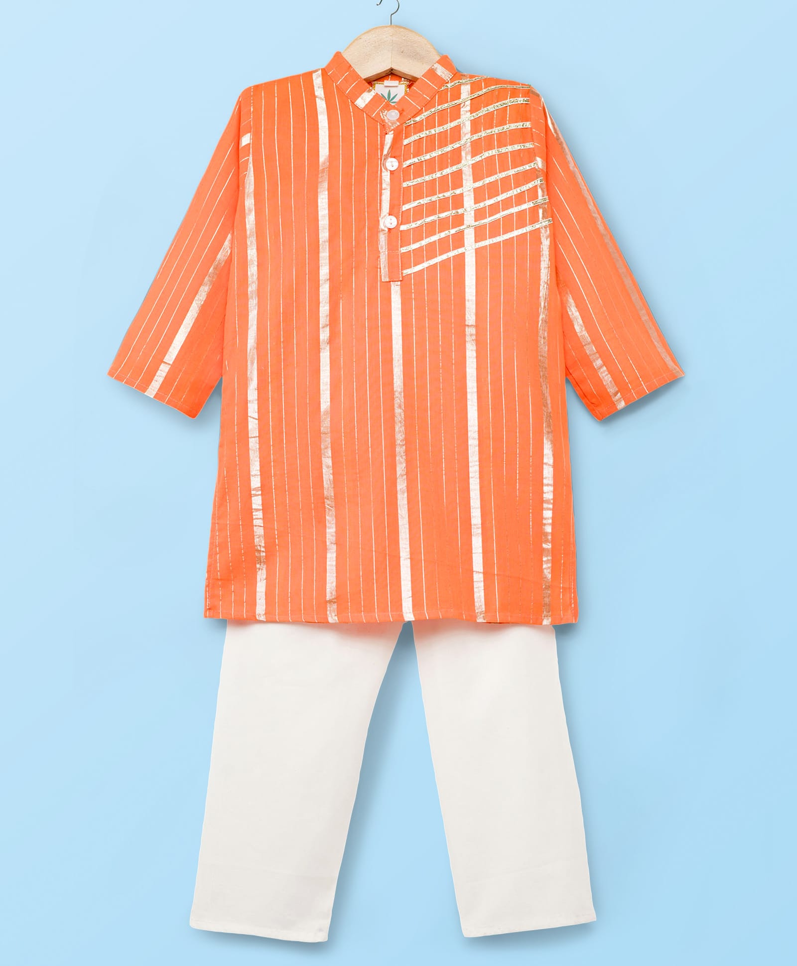 Teentaare Cotton Woven Full Sleeves Striped Kurta Pajama Set with Lace Detailing - Orange-image-16