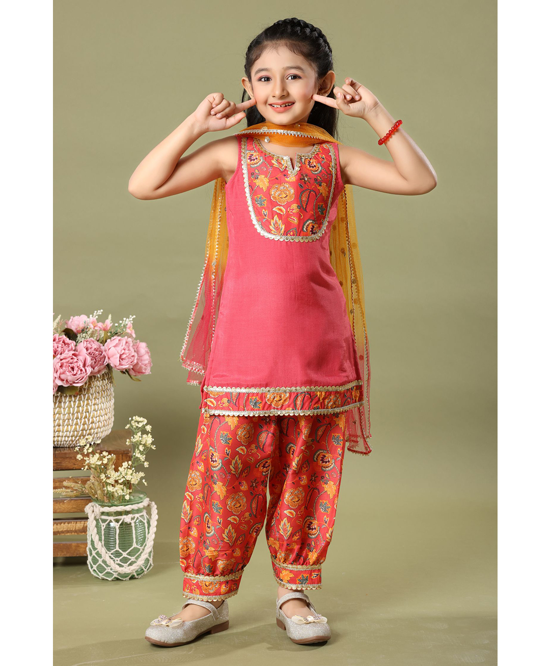 MASTARANG Muslin Woven Sleeveless Floral Printed Kurti Afghani & Dupatta Set - Coral-picture-13