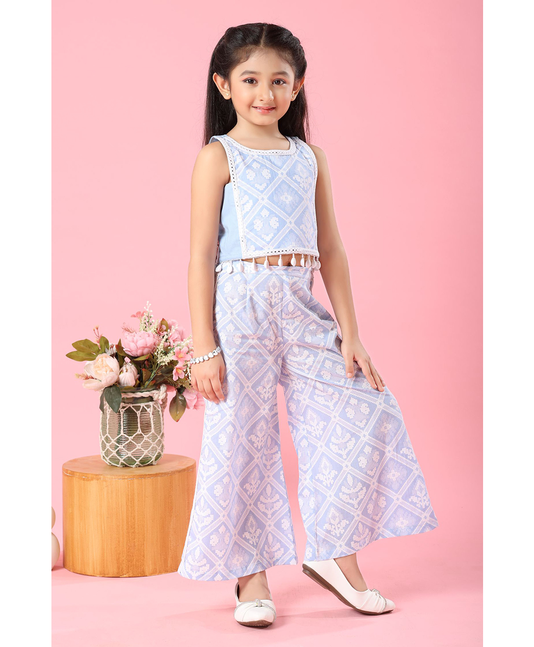 MASTARANG Cambric Woven Sleeveless Abstract Printed Lace Detailed Top & Palazzo Set - Sky Blue-image-34