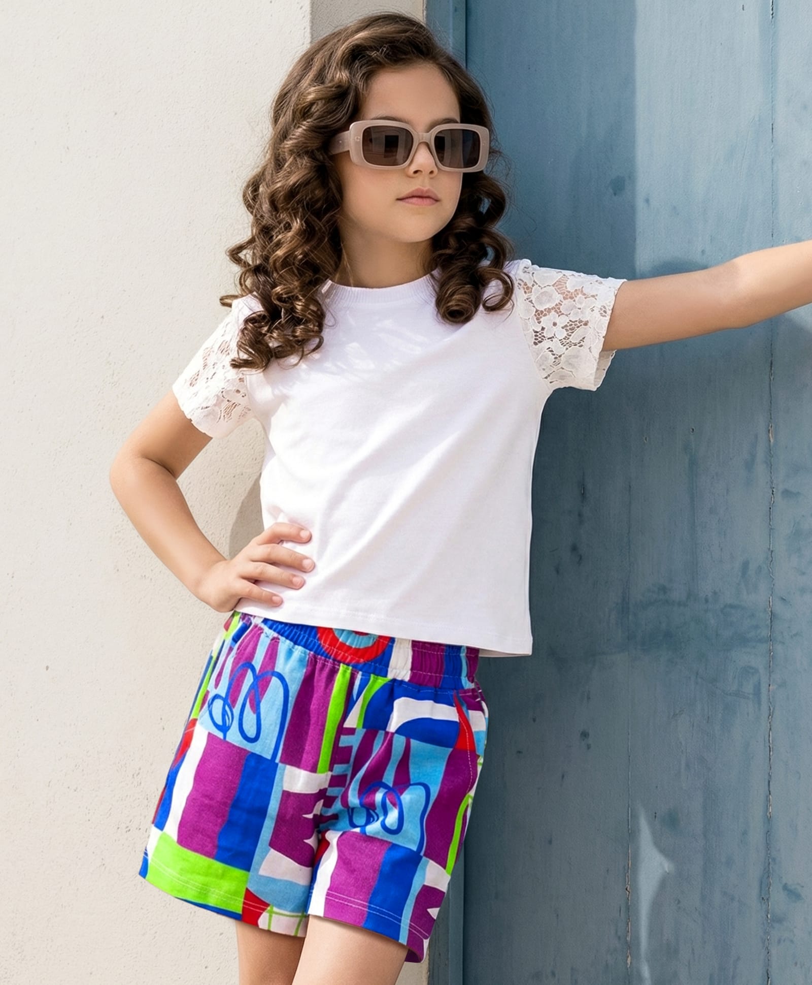OLLINGTON ST. Cotton Knit Half Sleeves Top & Printed Knit Skort Set - White & Multicolor-image-38