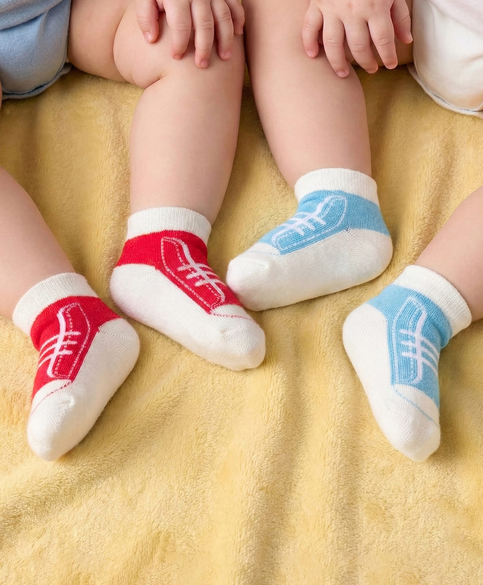 Babyoye Denim Knit Anti Skid Ankle Length Socks With Design Pack Of 2 - Red & Light Blue-image-40