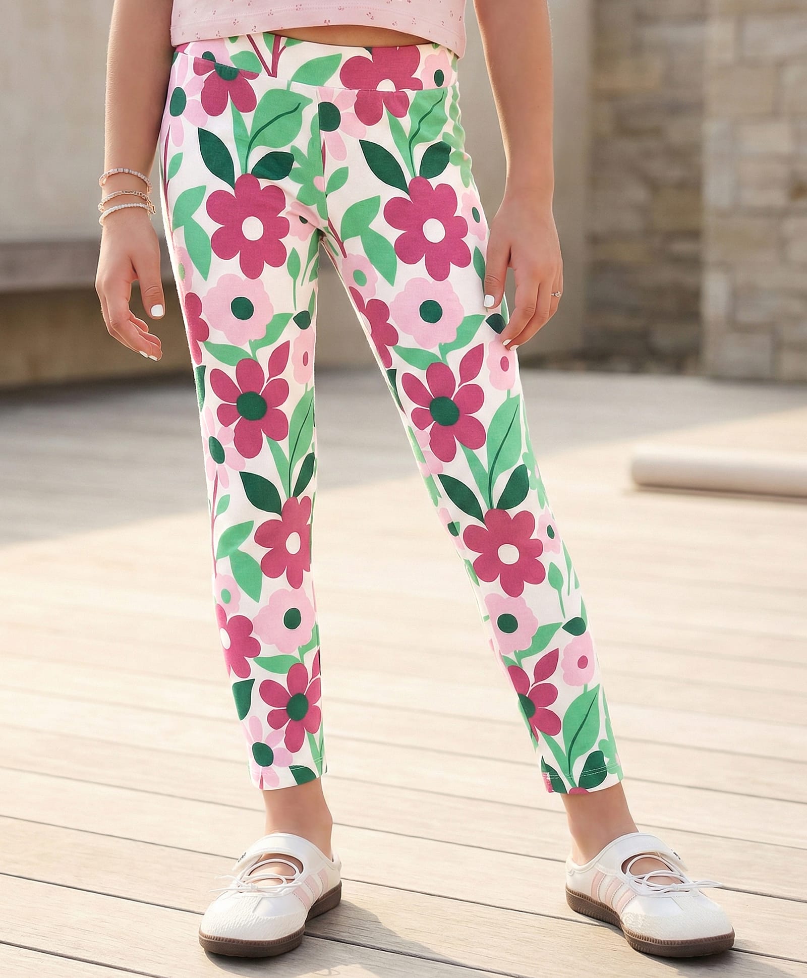 Pine Kids Cotton Lycra Knit Full Length Floral Printed Leggings - Multicolour-image-24