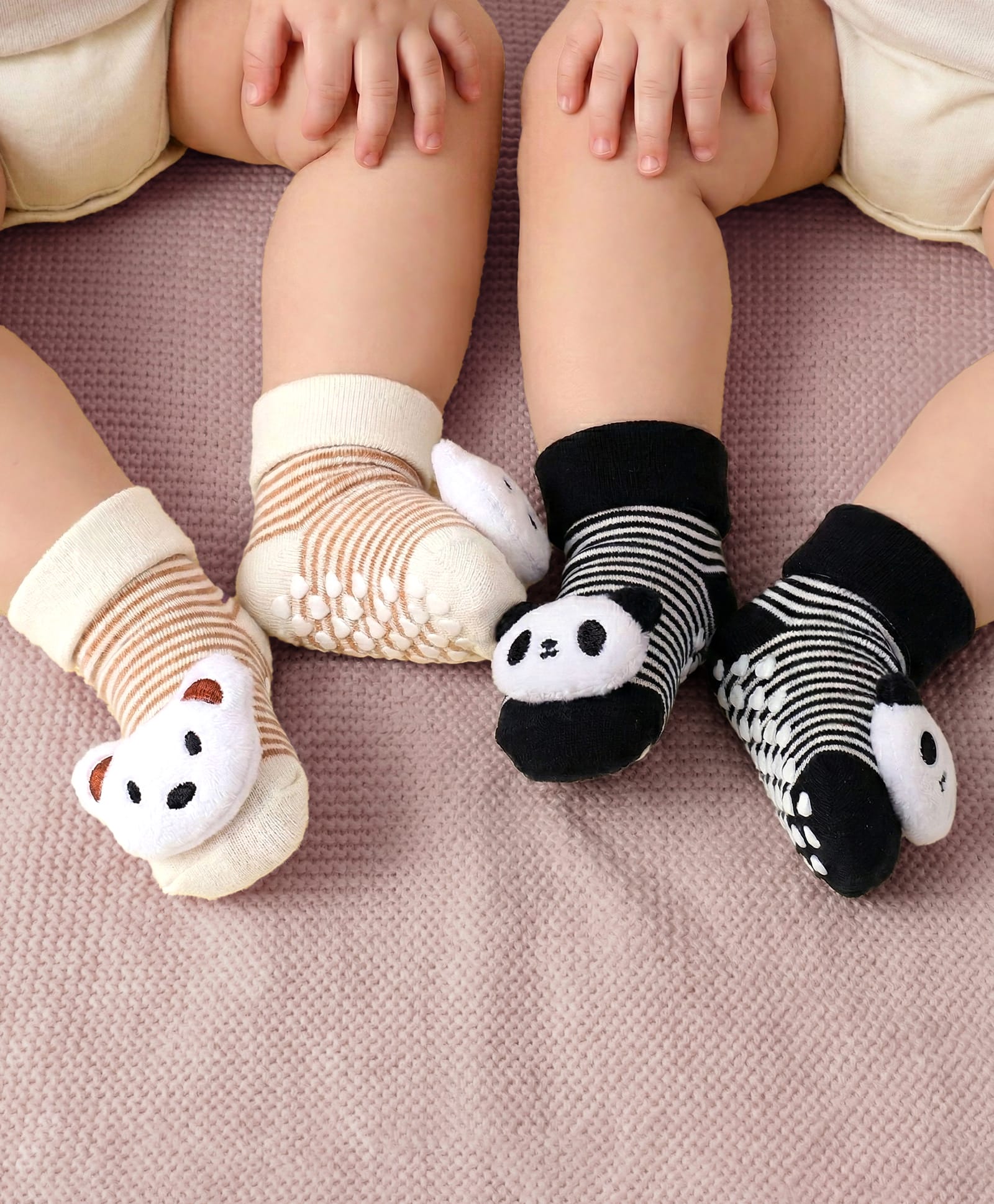 Babyoye Denim Knit Anti Skid Ankle Length Socks With Animal Applique Pack Of 2 - Black & Brown-image-22