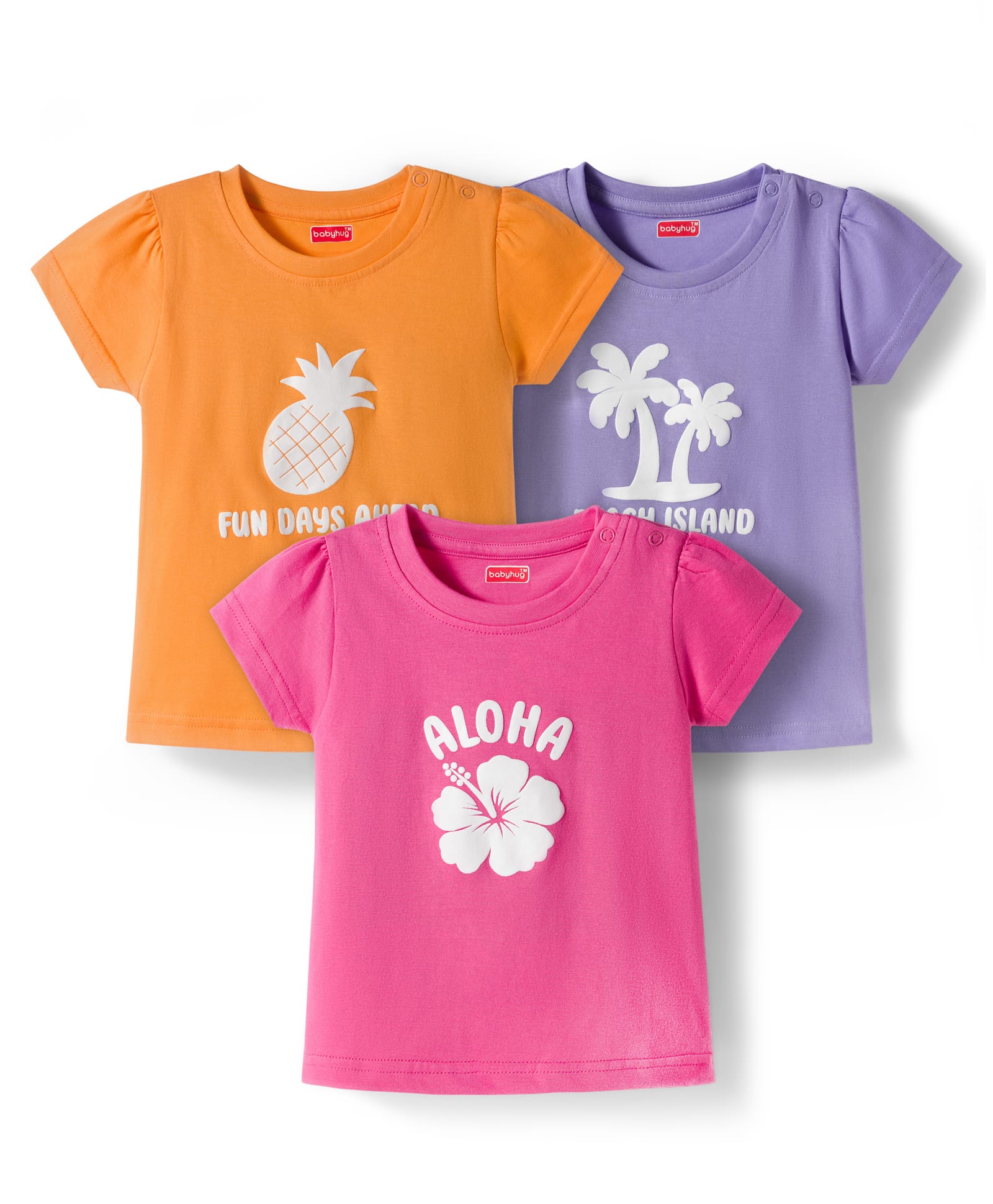 Babyhug Cotton Knit Half Sleeves T-Shirts with Tropical Theme Print Pack of 3 - Pink Orange & Lavender