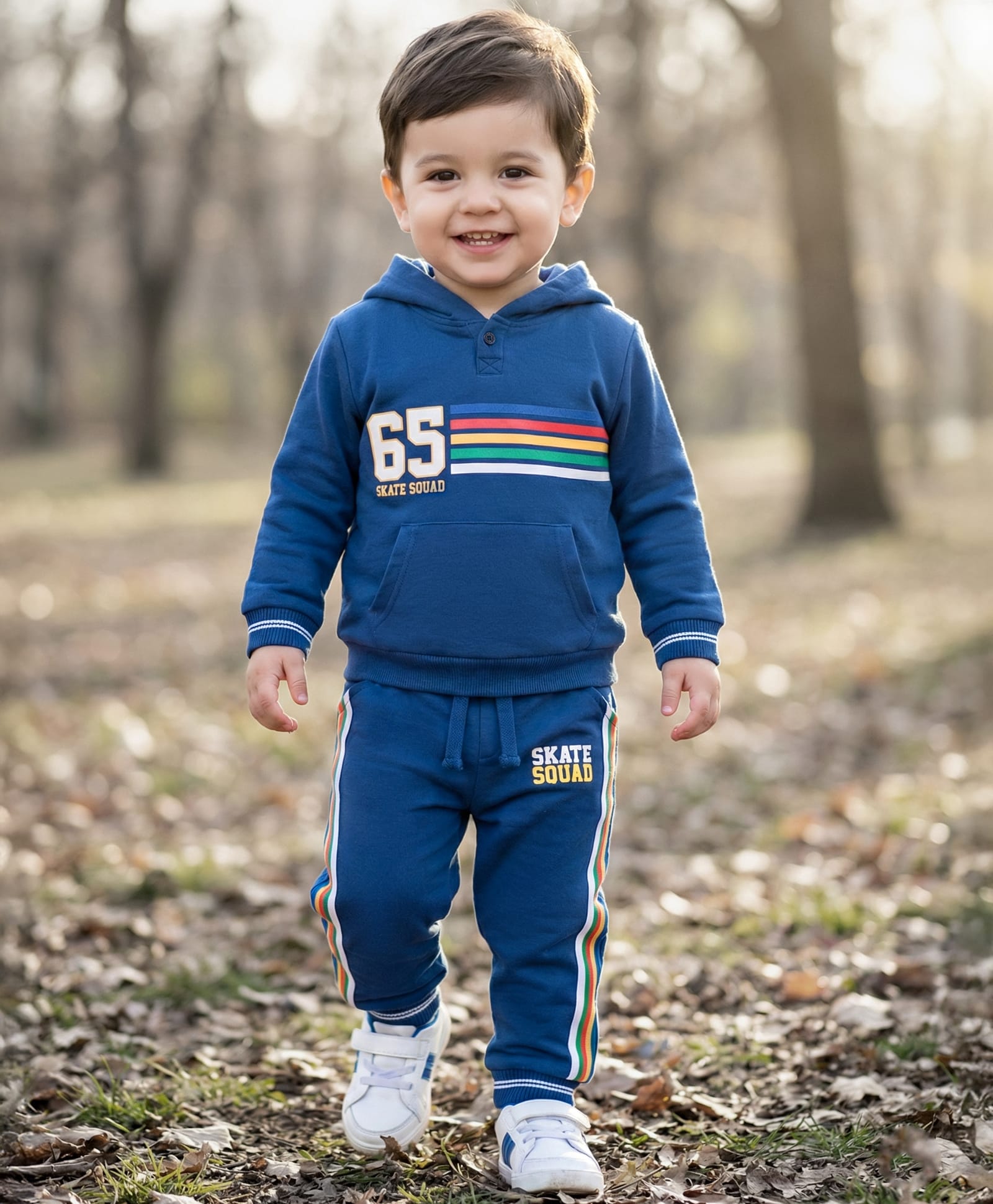 Babyhug Terry Knit Full Sleeves Hooded T-Shirt & Lounge Pant Set with Skating Print - Blue-image-36