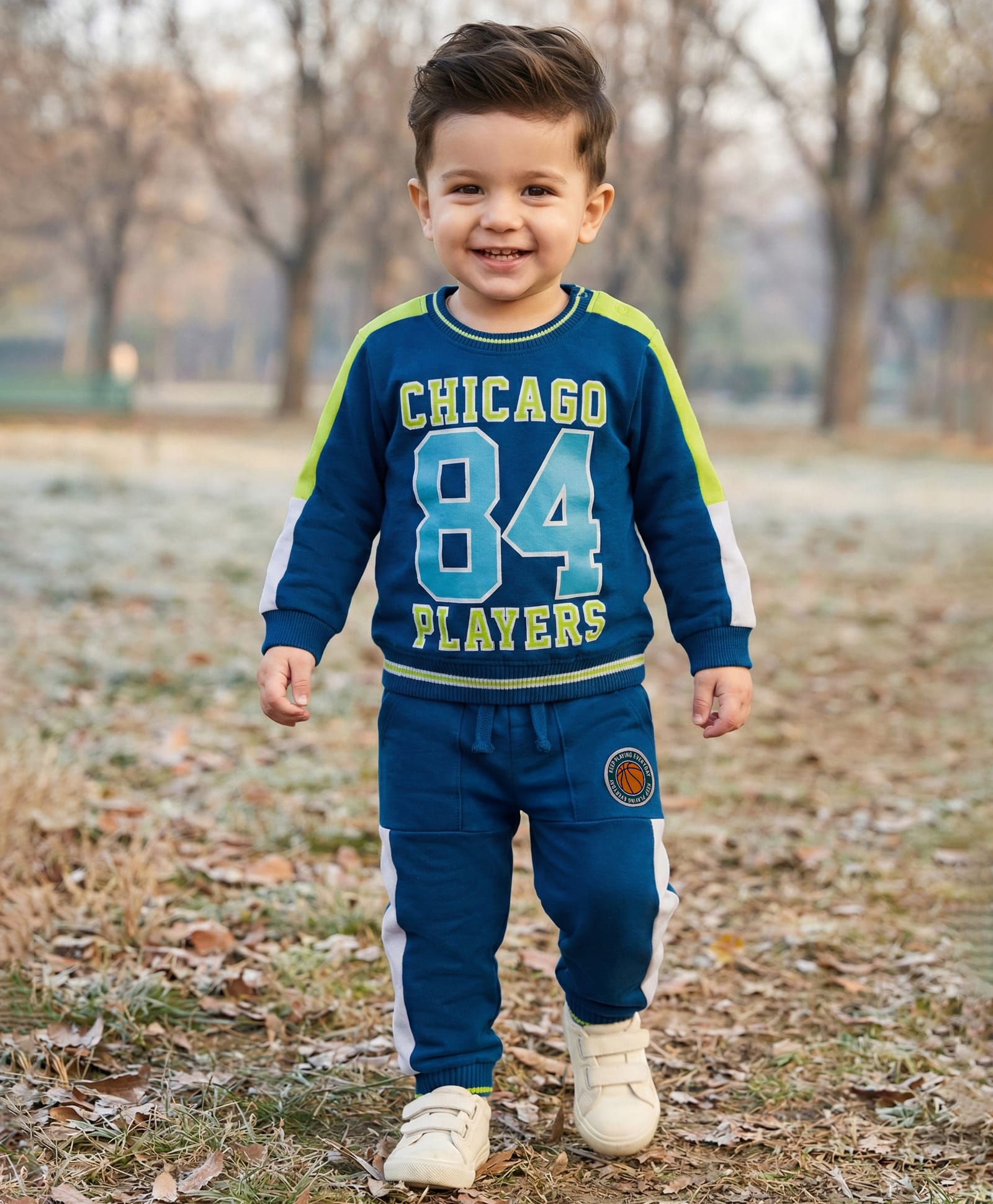Babyhug Terry Knit Full Sleeves T-Shirt & Lounge Pant Set With Chicago Players Print - Blue-picture-26