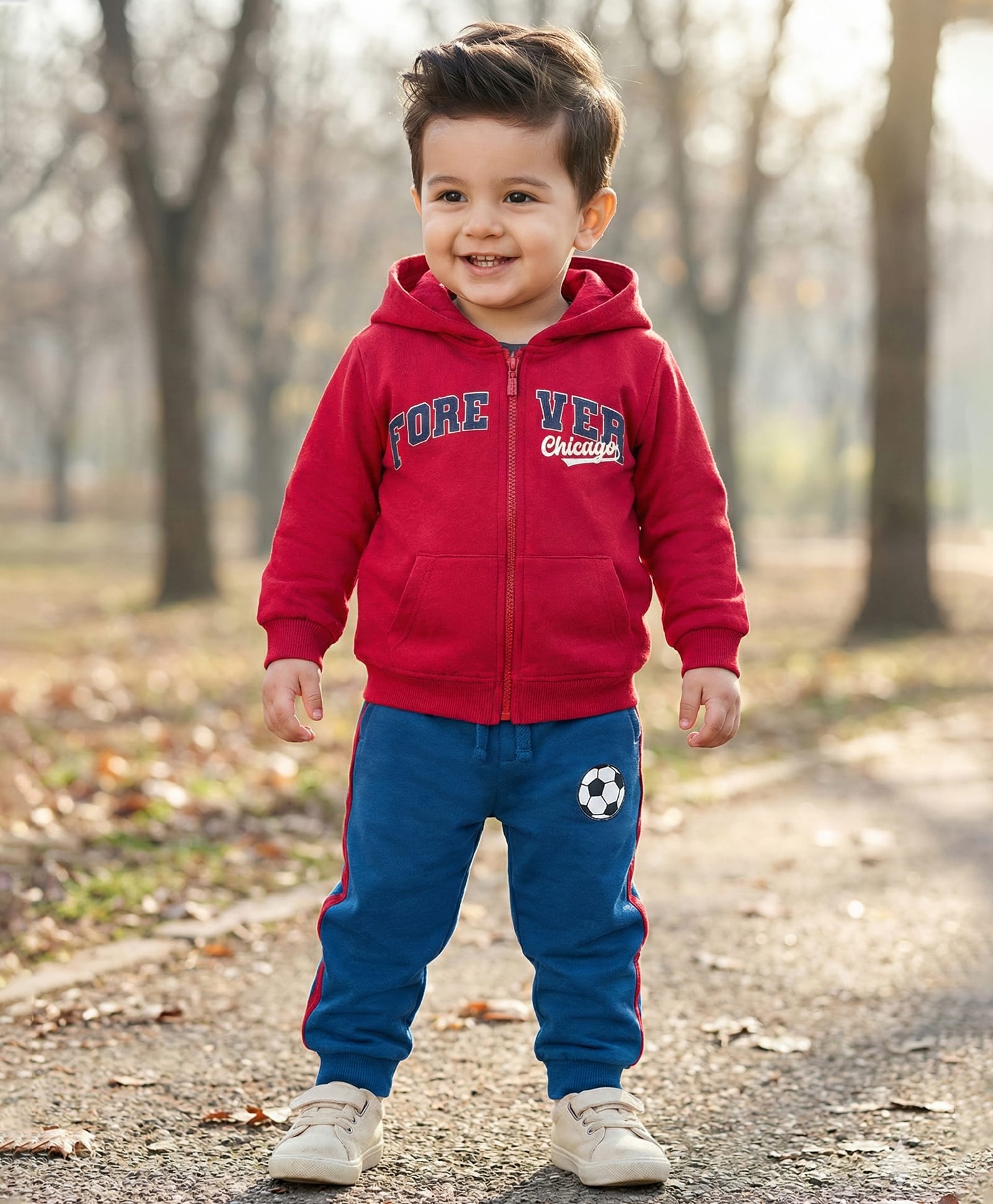 Babyhug Terry Knit Full Sleeves Hooded Sweatjacket & Lounge Pant Set With Forever Chicago Print - Maroon & Blue-picture-19