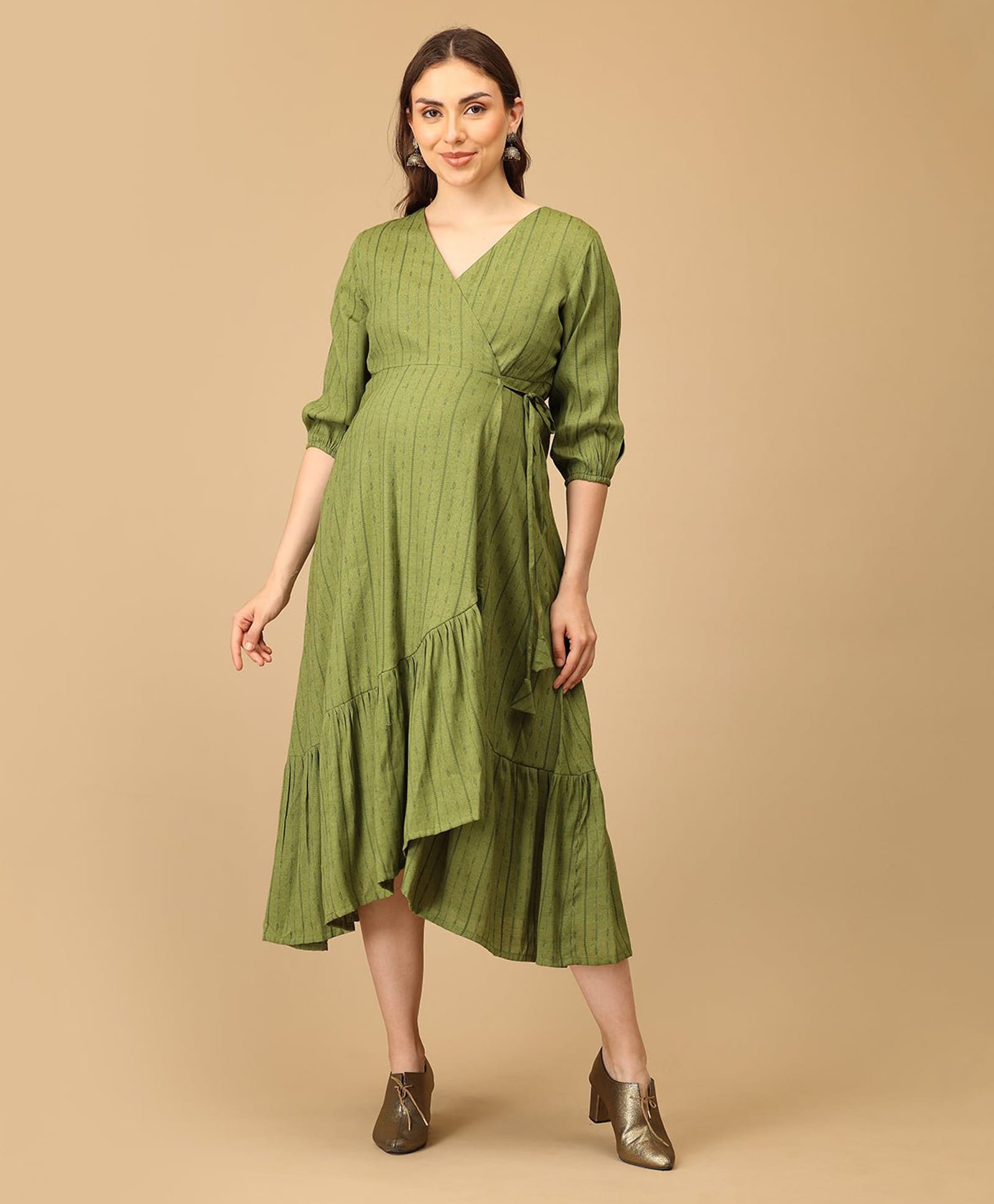 The Mom Store Cotton Woven Three Fourth Sleeves Striped Maternity Wrap Dress - Olive-picture-44
