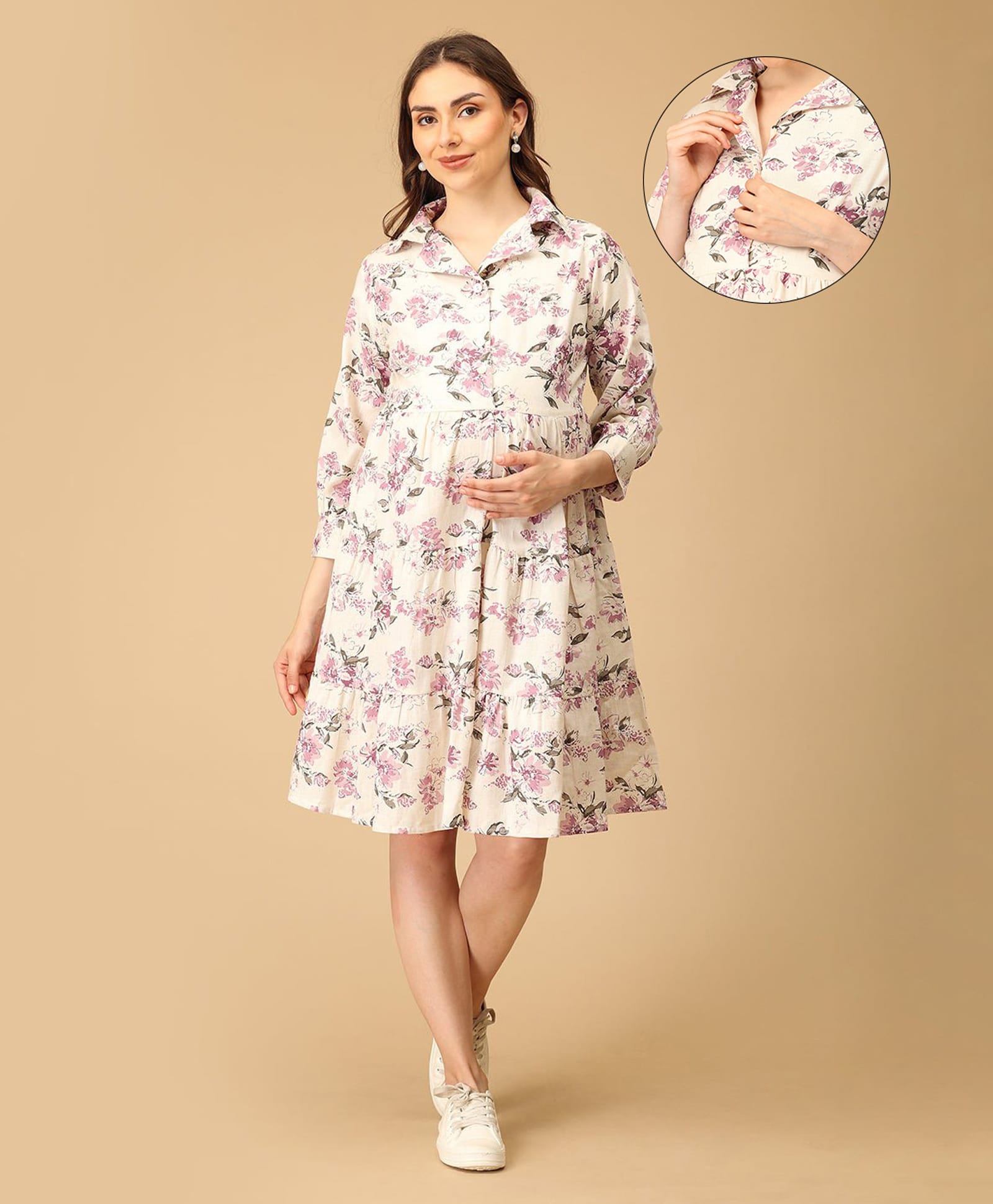 The Mom Store Cotton Woven Full Sleeves Floral Printed Maternity Dress With Front Open Nursing Access - Lavender-picture-11