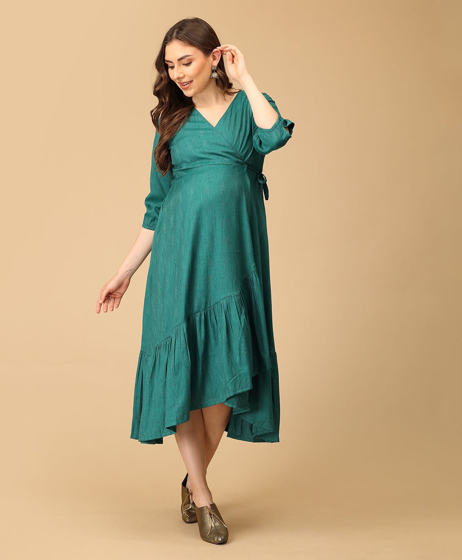 The Mom Store Cotton Woven Three Fourth Sleeves Solid Maternity Dress - Teal-picture-34