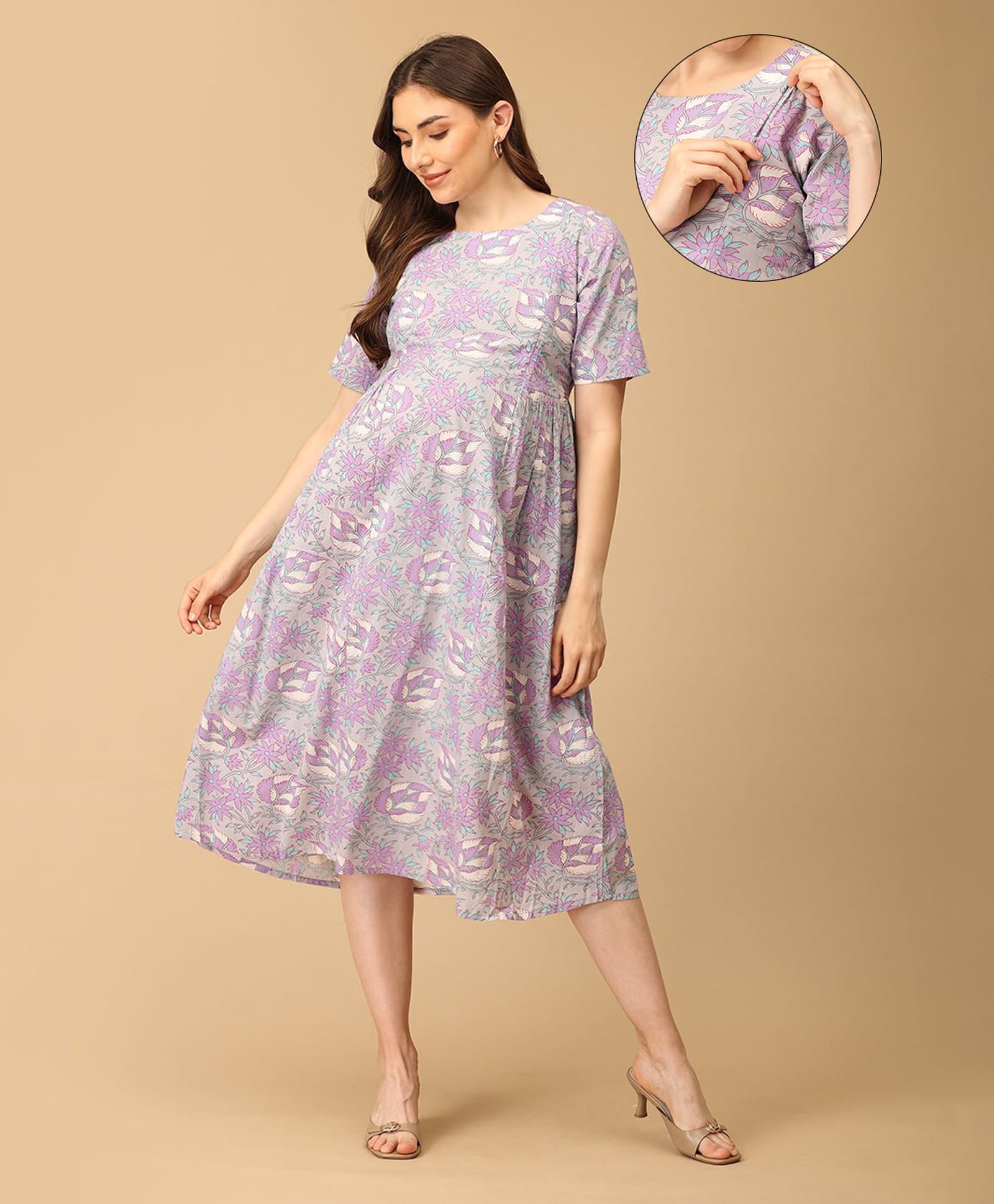 The Mom Store Cotton Woven Half Sleeves Leaf Printed Maternity Dress With Front Zipper Nursing Access - Multi Colour-picture-31