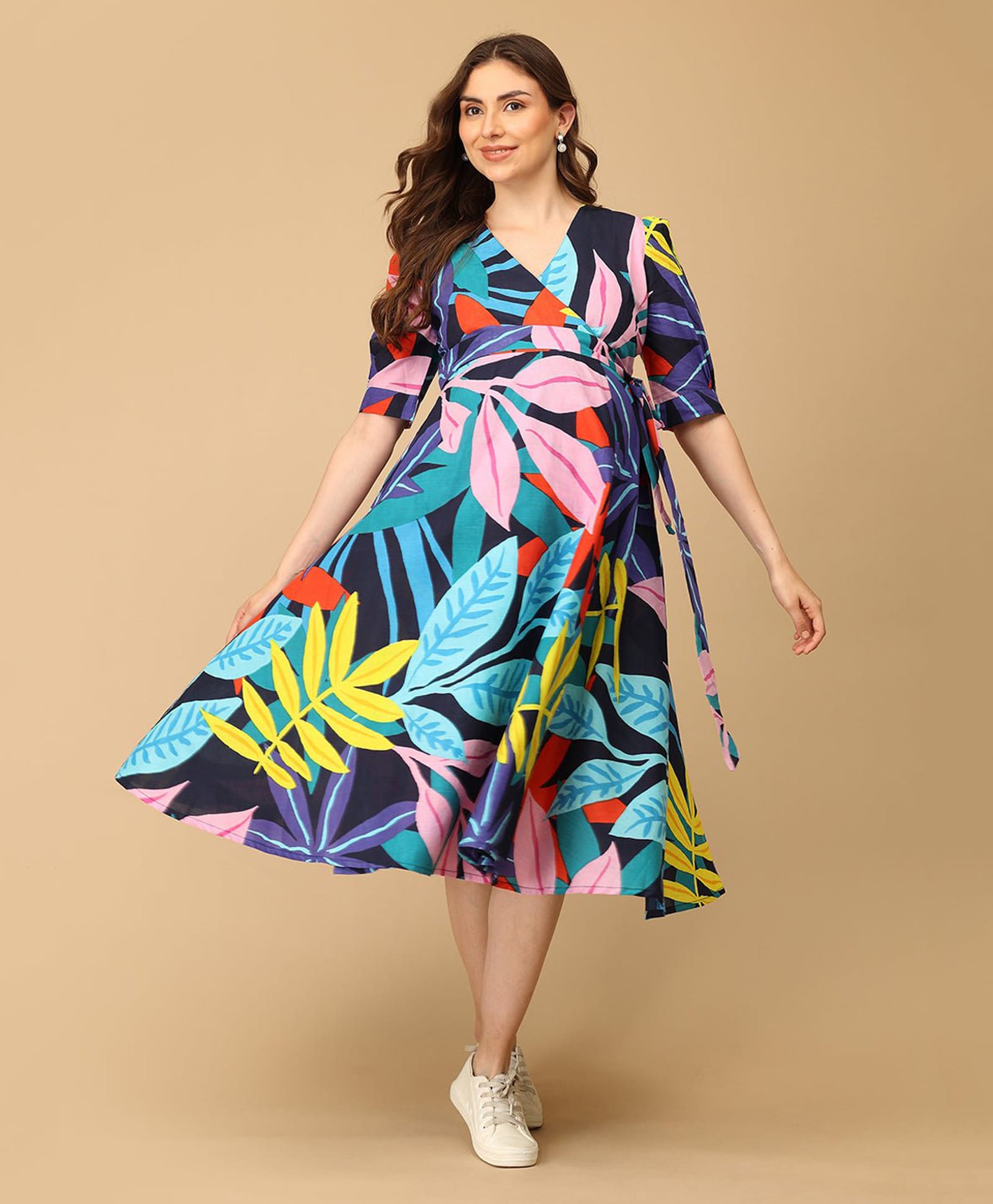 The Mom Store Cotton Woven Half Sleeves Leaves Printed Maternity & Nursing Wrap Dress - Multi Colour-image-12