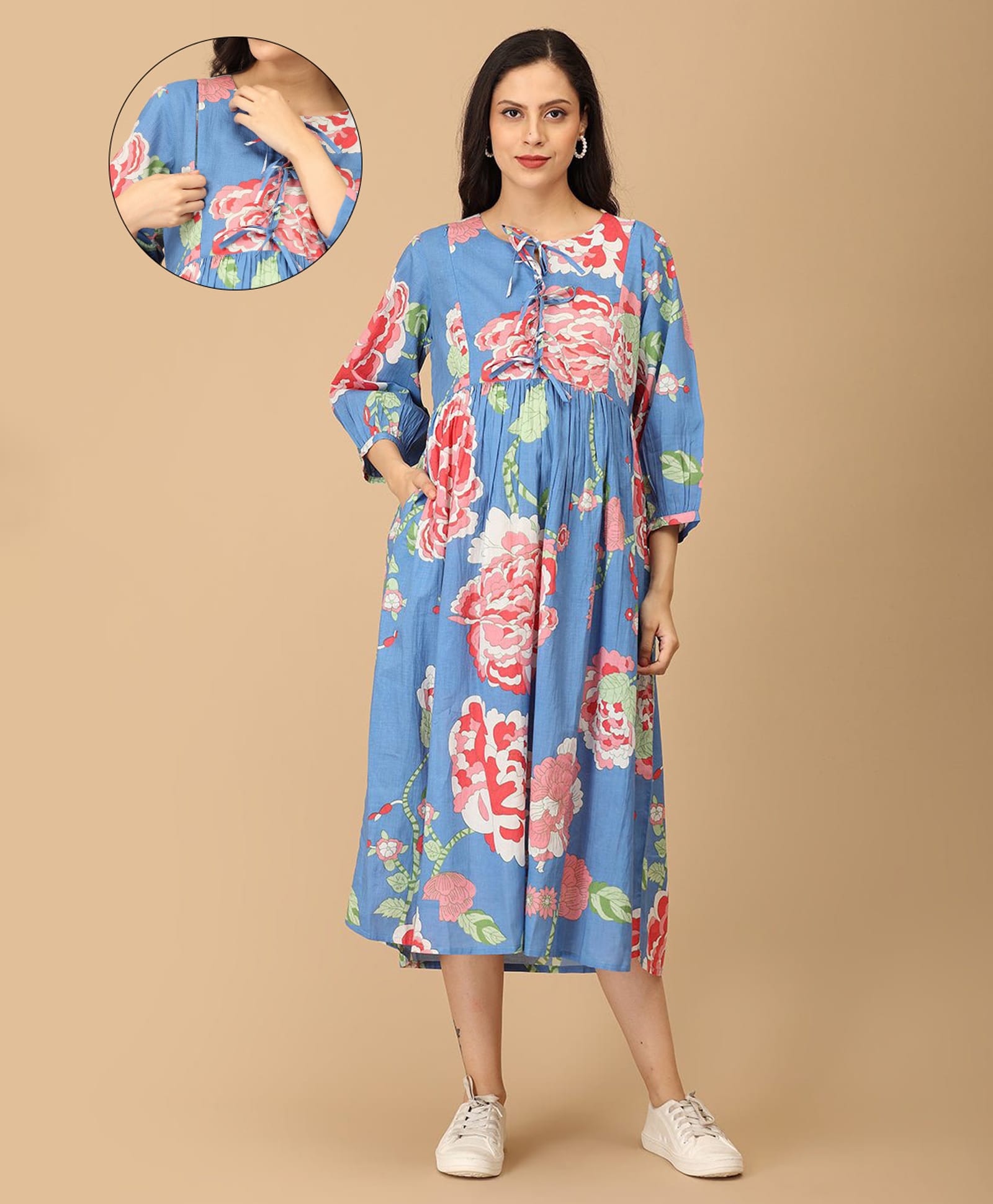 The Mom Store Cotton Woven Three Fourth Sleeves Floral Printed Maternity Dress With Side Zipper Nursing Access - Multi Colour-picture-29